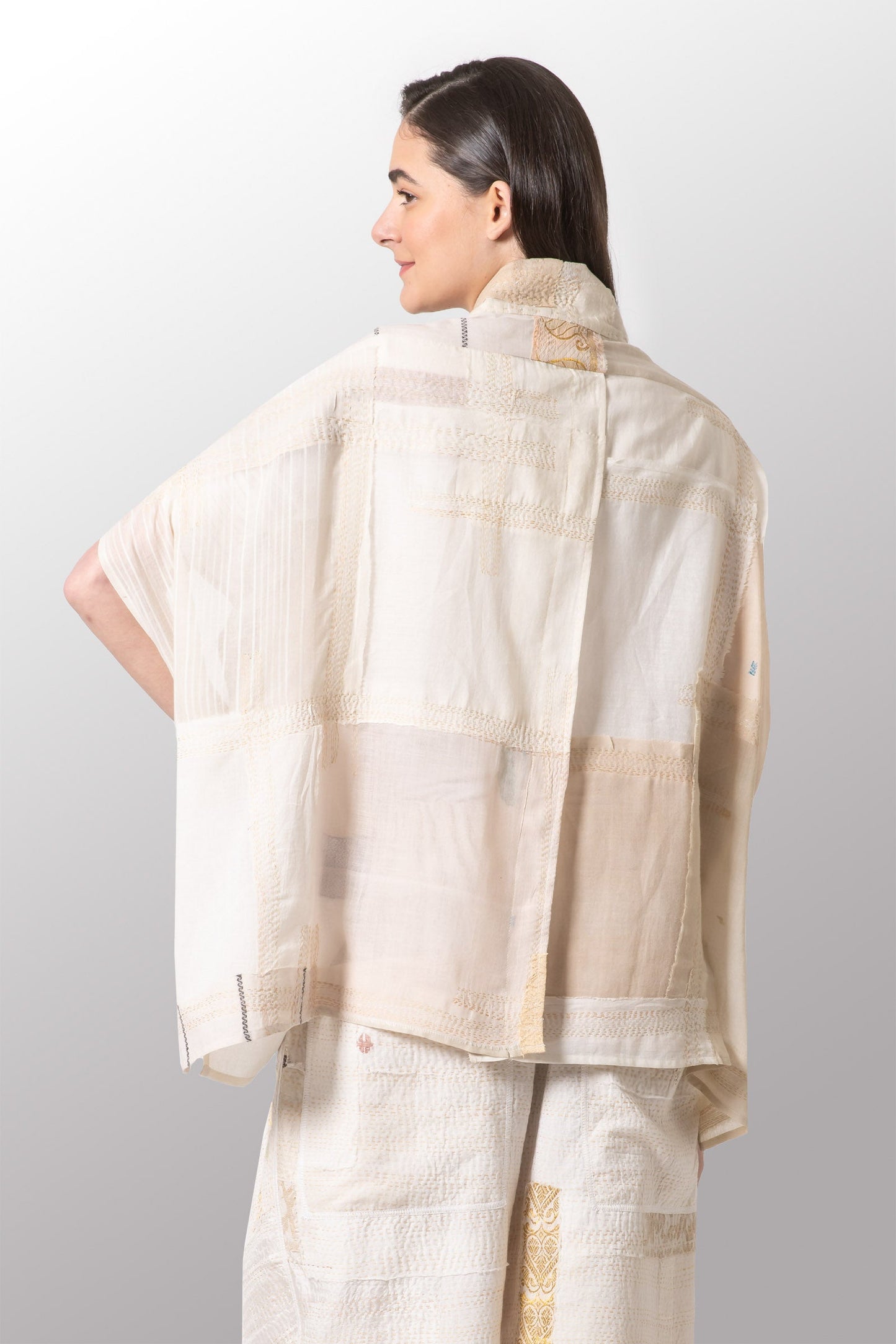 MOSAIC TILE PATCH KANTHA PONCHO TOP - mt1568-ivy -