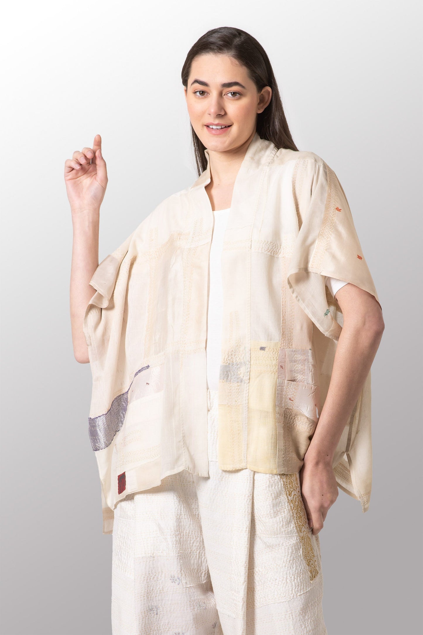 MOSAIC TILE PATCH KANTHA PONCHO TOP - mt1568-ivy -