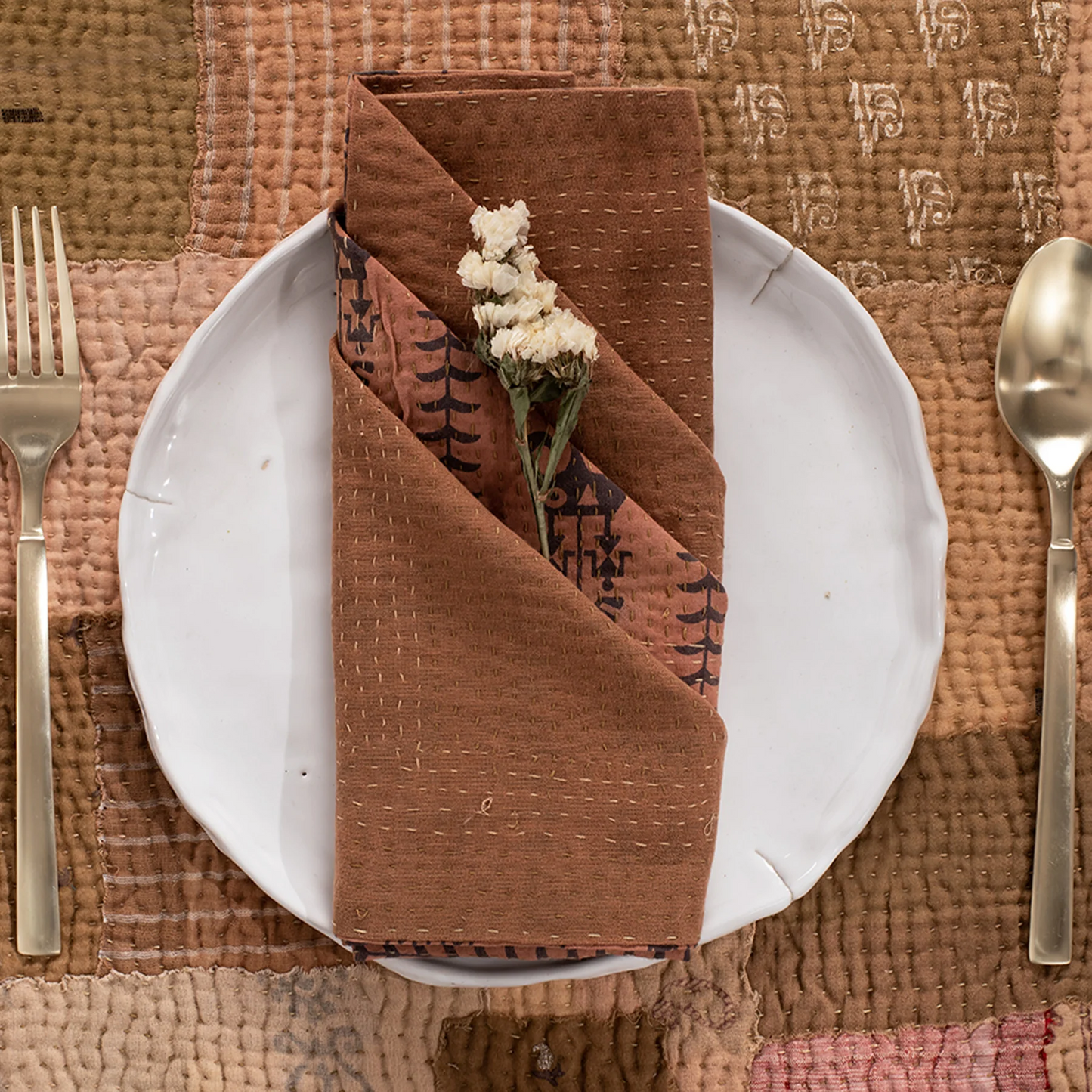 Mosaic Fray Handmade Vintage Kantha Napkin -Mushroom -