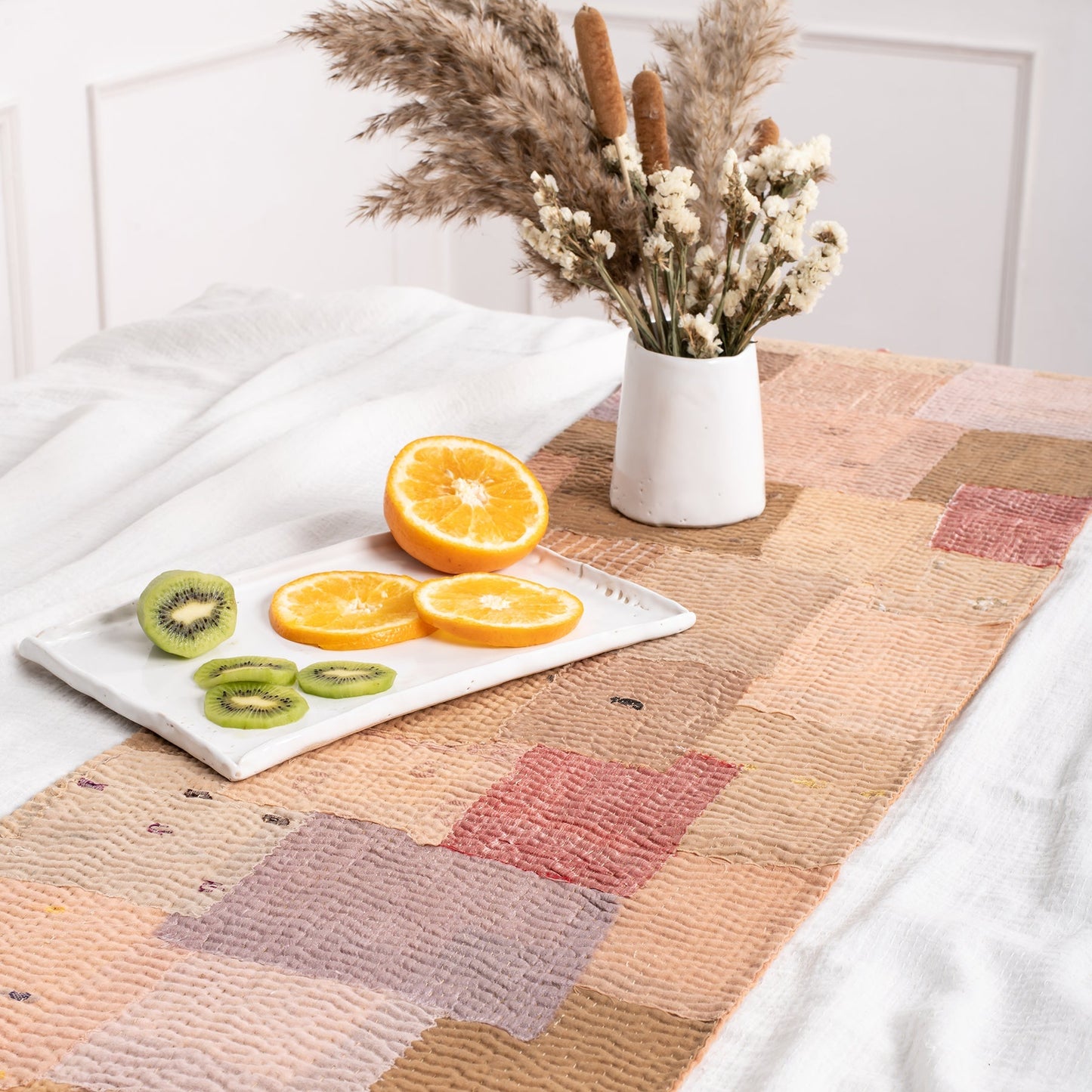 Mosaic Fray Patch vintage Kantha Table Runner - Mushroom