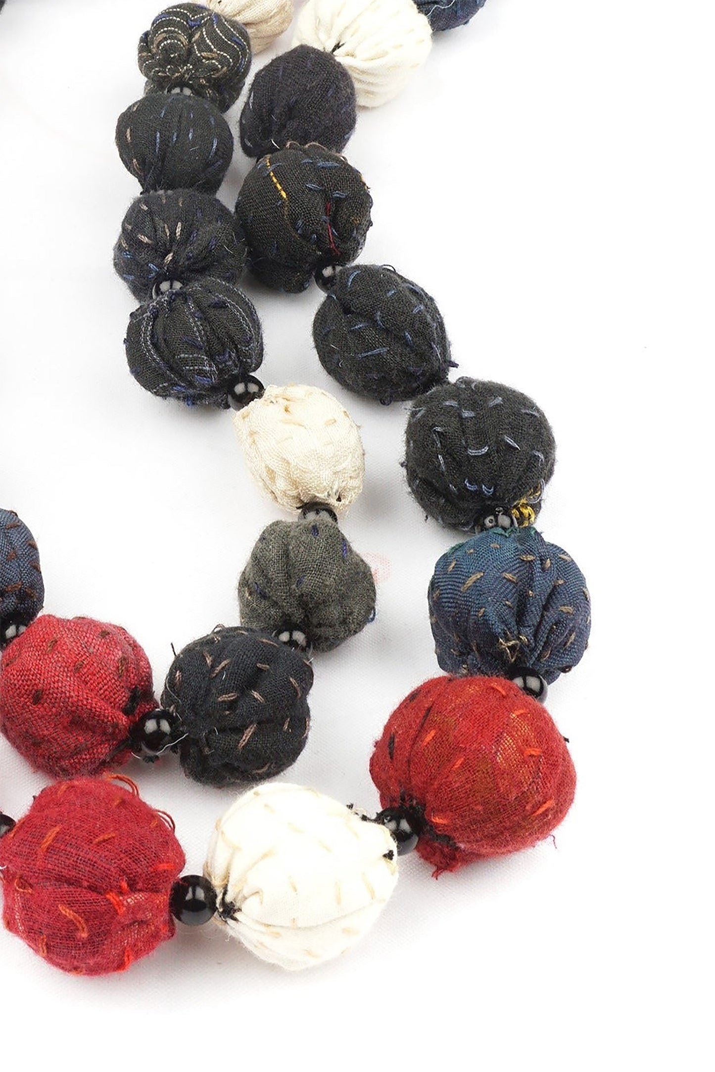 COTTON SILK MIX PATCH KANTHA SMALL NUTS LONG NECKLACE - mx2706-blk -