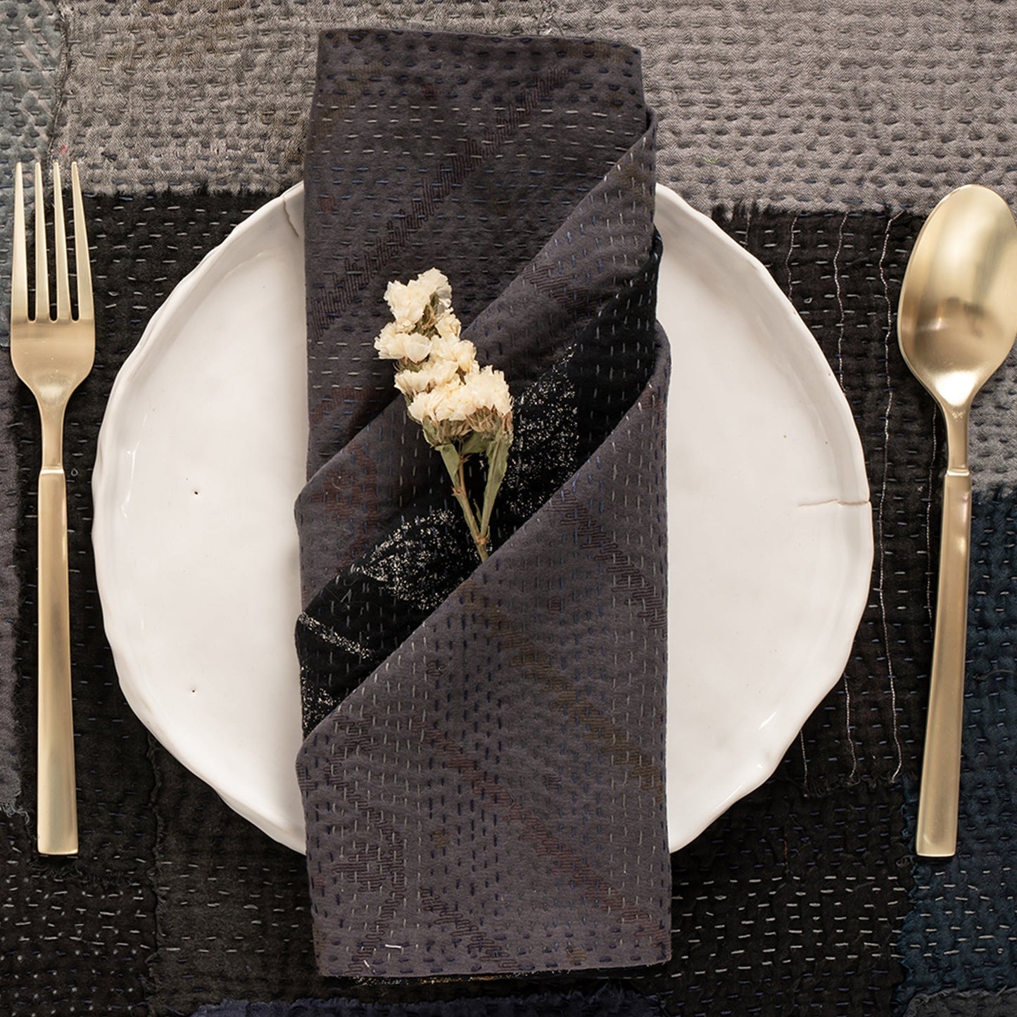 Landscape Fray patch vintage Kantha Napkin - Black (set of 2)