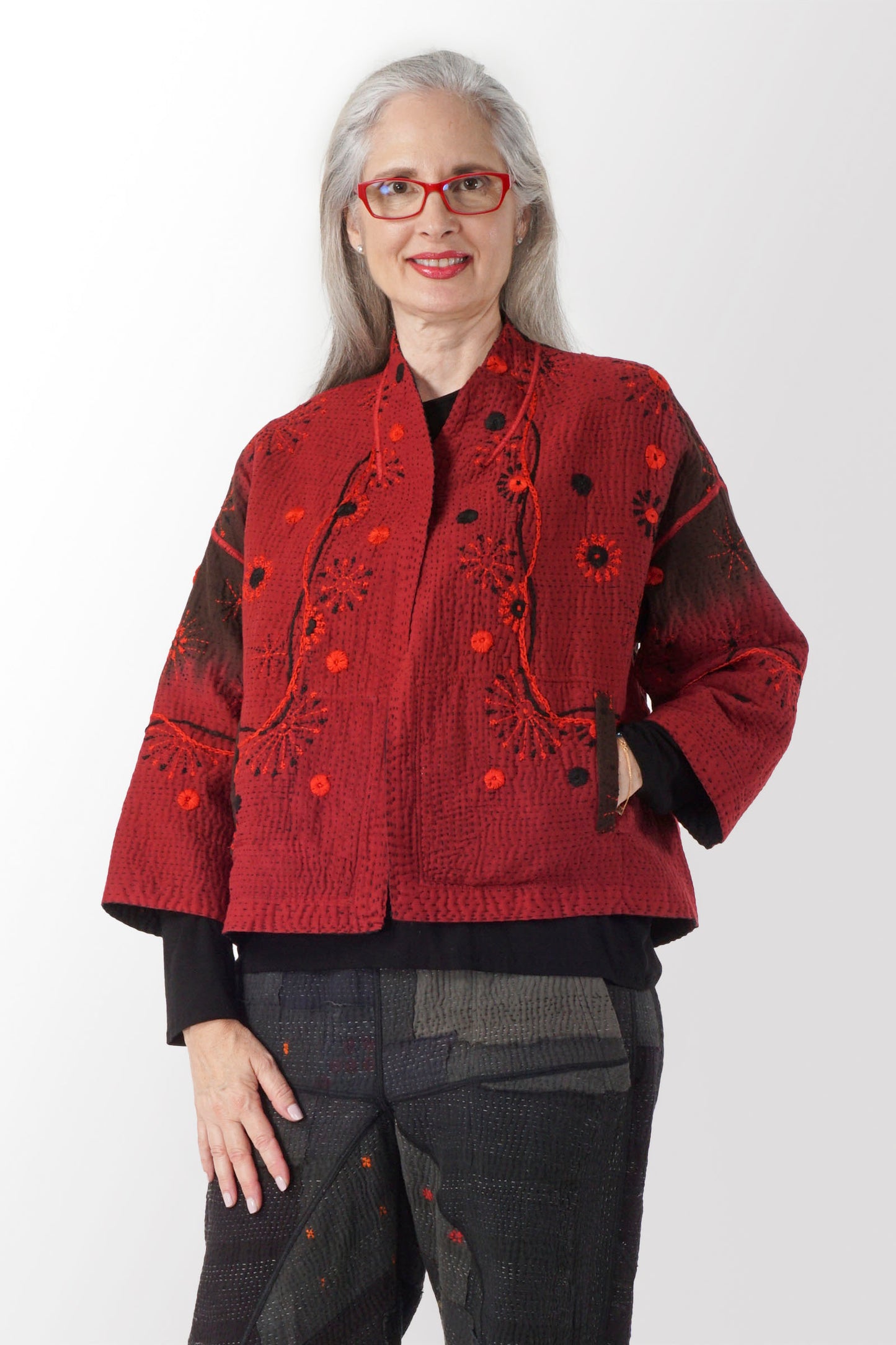 OMBRE SUN RALLI FIREWORKS KANTHA STAND COLLAR CROPPED JACKET - of4034-red -