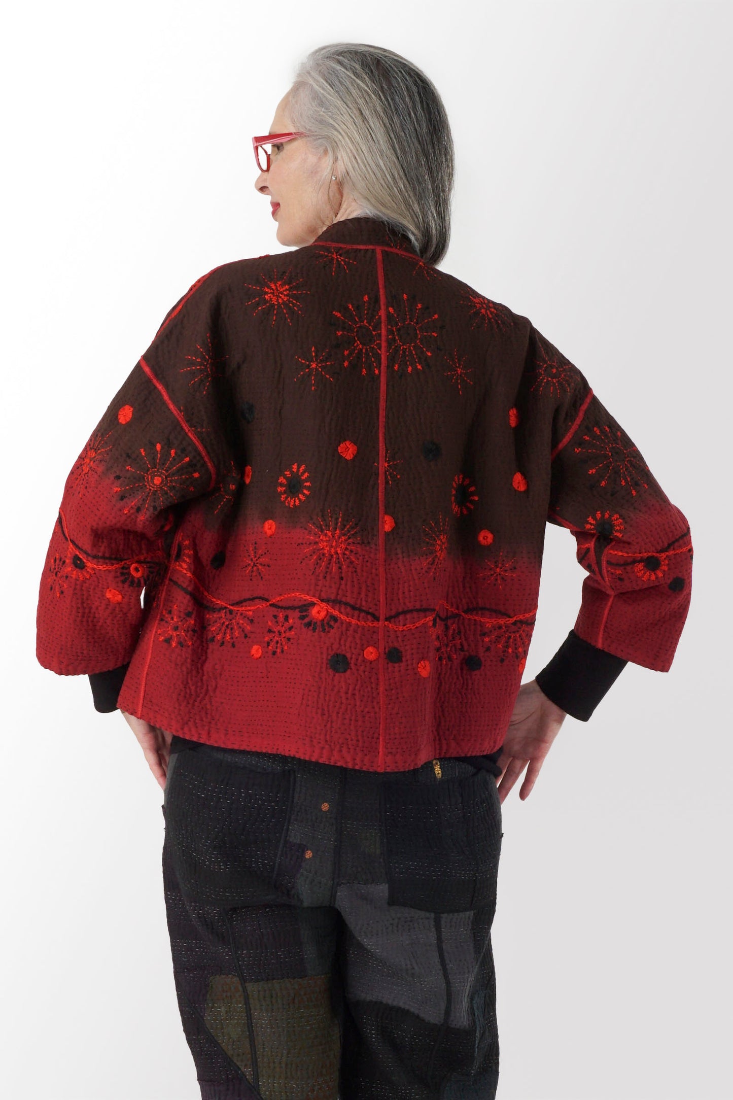 OMBRE SUN RALLI FIREWORKS KANTHA STAND COLLAR CROPPED JACKET - of4034-red -