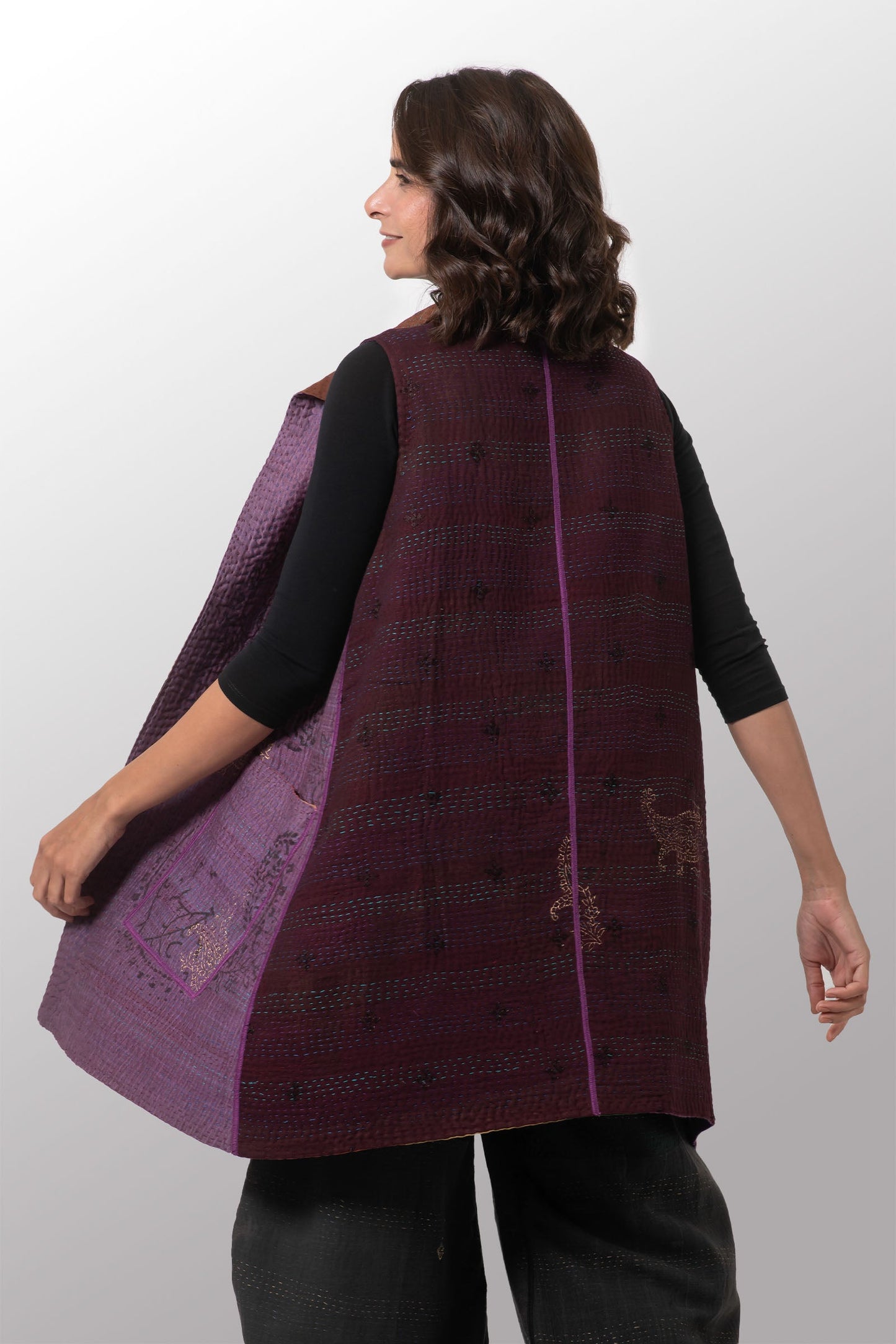 OMBRE PATCHED GOLD STAMP KANTHA WING COLLAR VEST - og4207-mlt -