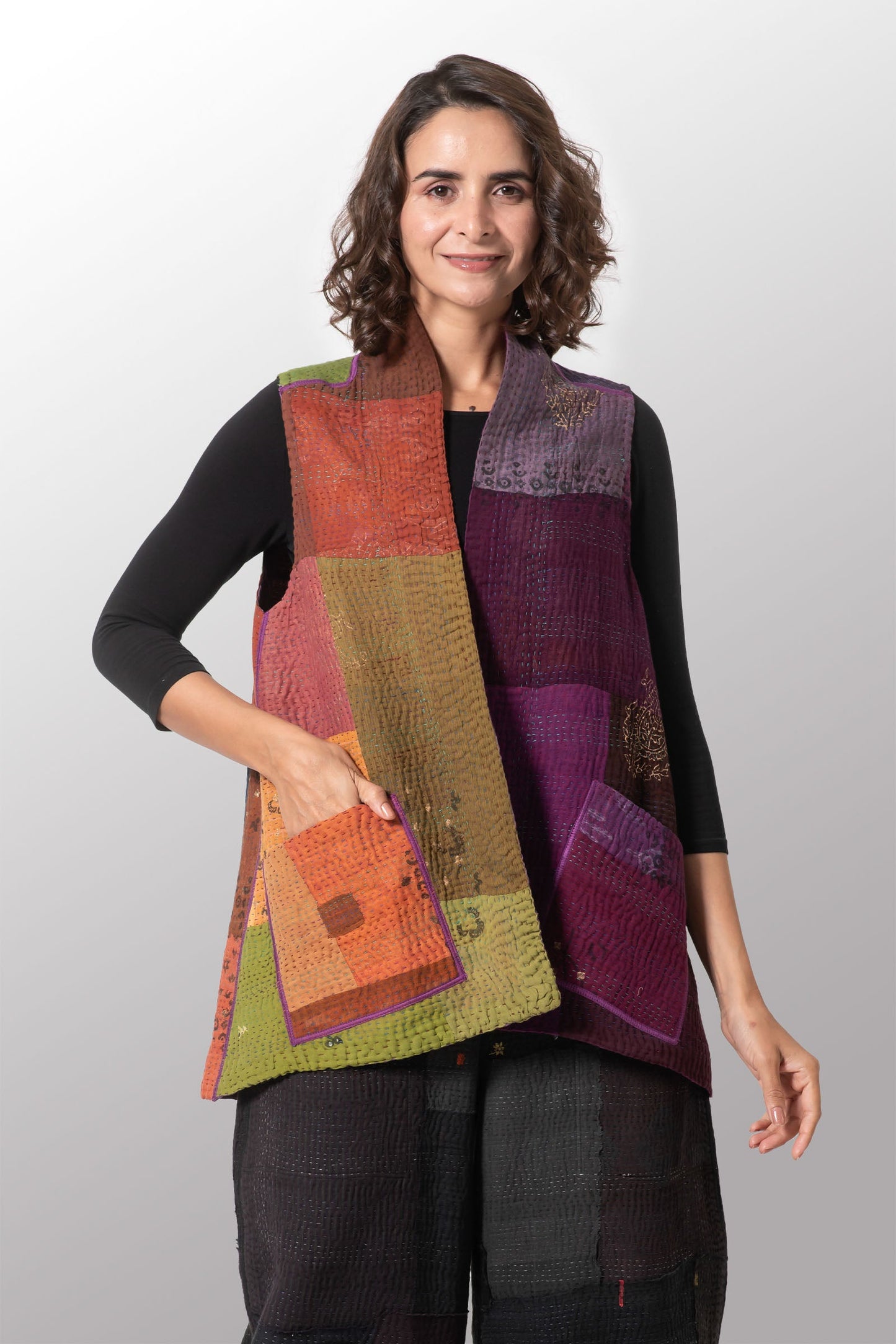 OMBRE PATCHED GOLD STAMP KANTHA A-LINE SHORT VEST - og4210-mlt -