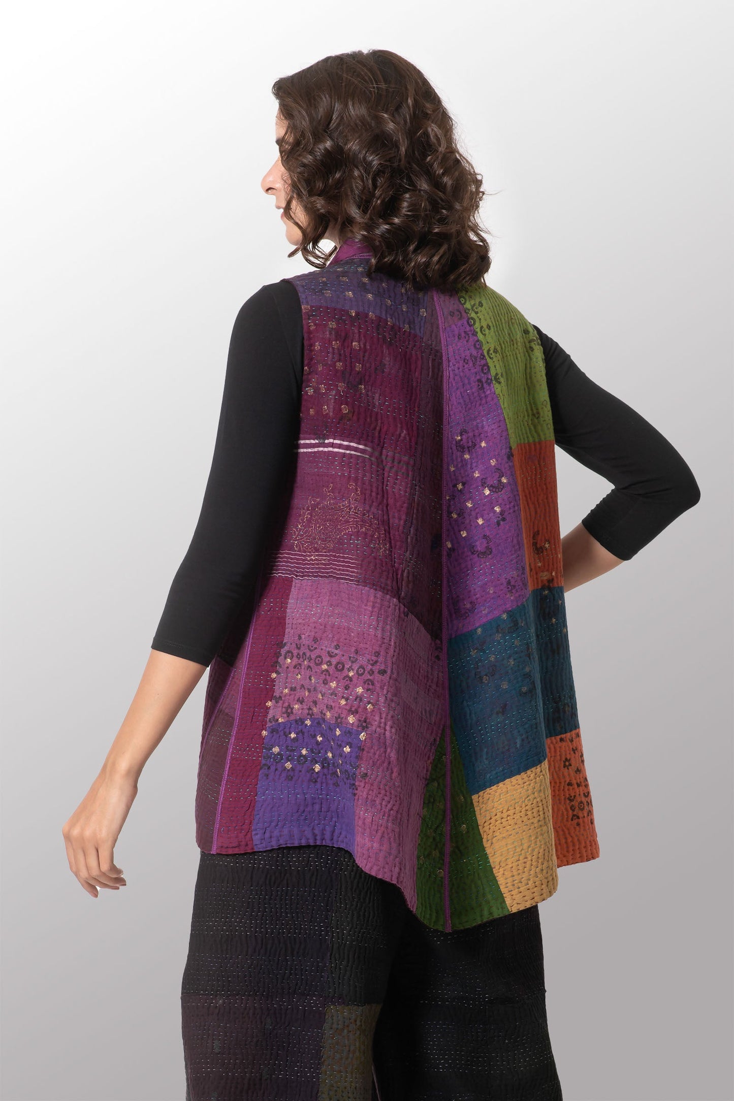 OMBRE PATCHED GOLD STAMP KANTHA A-LINE SHORT VEST - og4210-mlt -