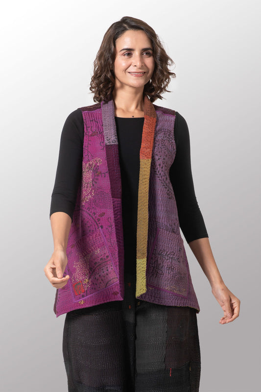OMBRE PATCHED GOLD STAMP KANTHA A-LINE SHORT VEST - og4210-mlt -
