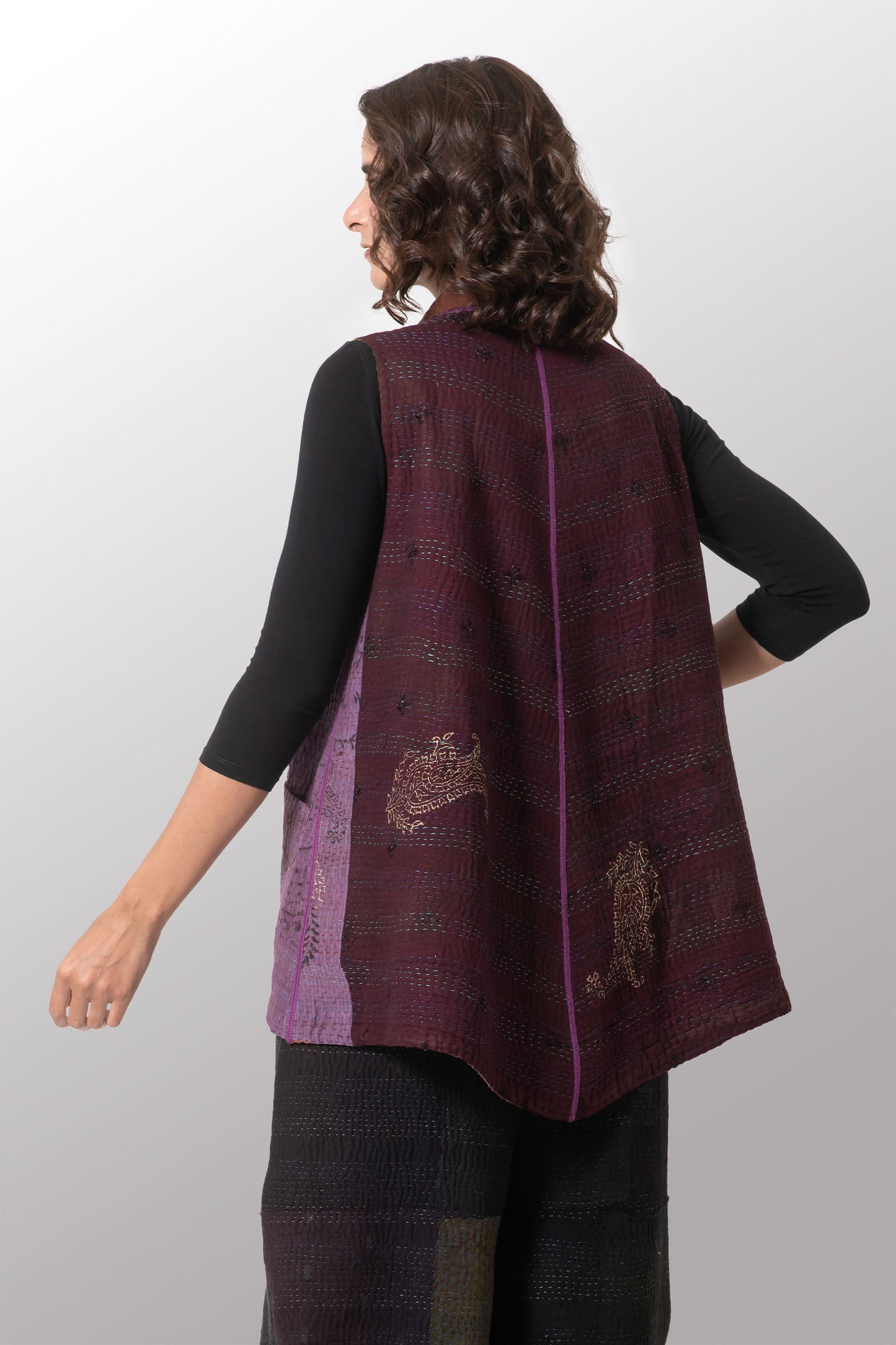 OMBRE PATCHED GOLD STAMP KANTHA A-LINE SHORT VEST - og4210-mlt -