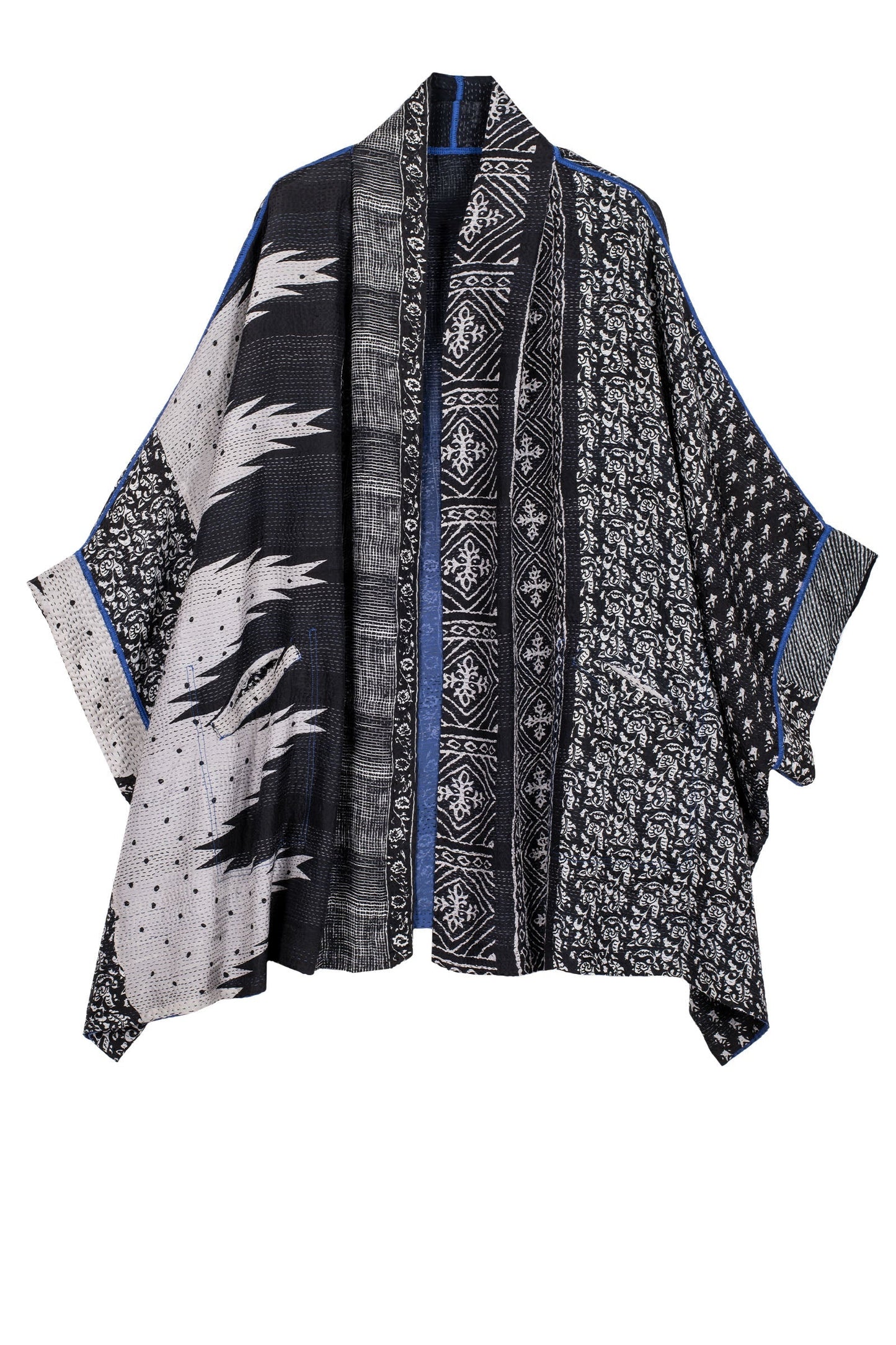 SILK COTTON OMBRE PRINT KANTHA DOUBLE COLLAR PONCHO - os2323-blk -