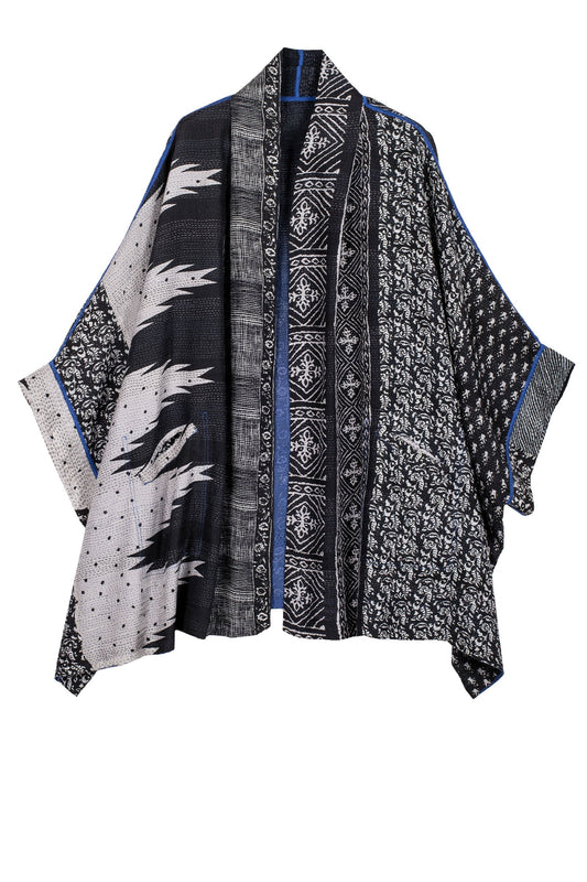 SILK COTTON OMBRE PRINT KANTHA DOUBLE COLLAR PONCHO - os2323-blk -