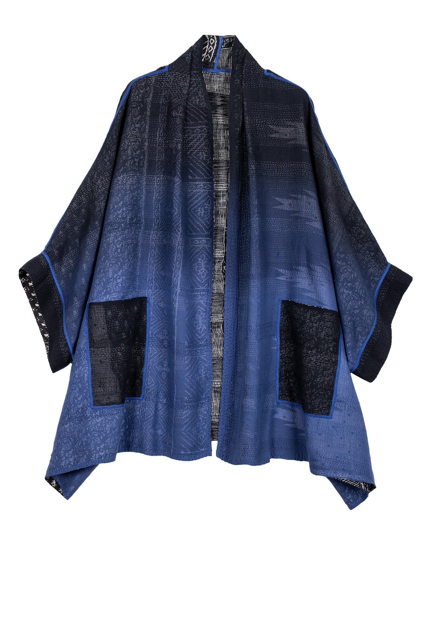 SILK COTTON OMBRE PRINT KANTHA DOUBLE COLLAR PONCHO - os2323-blk -