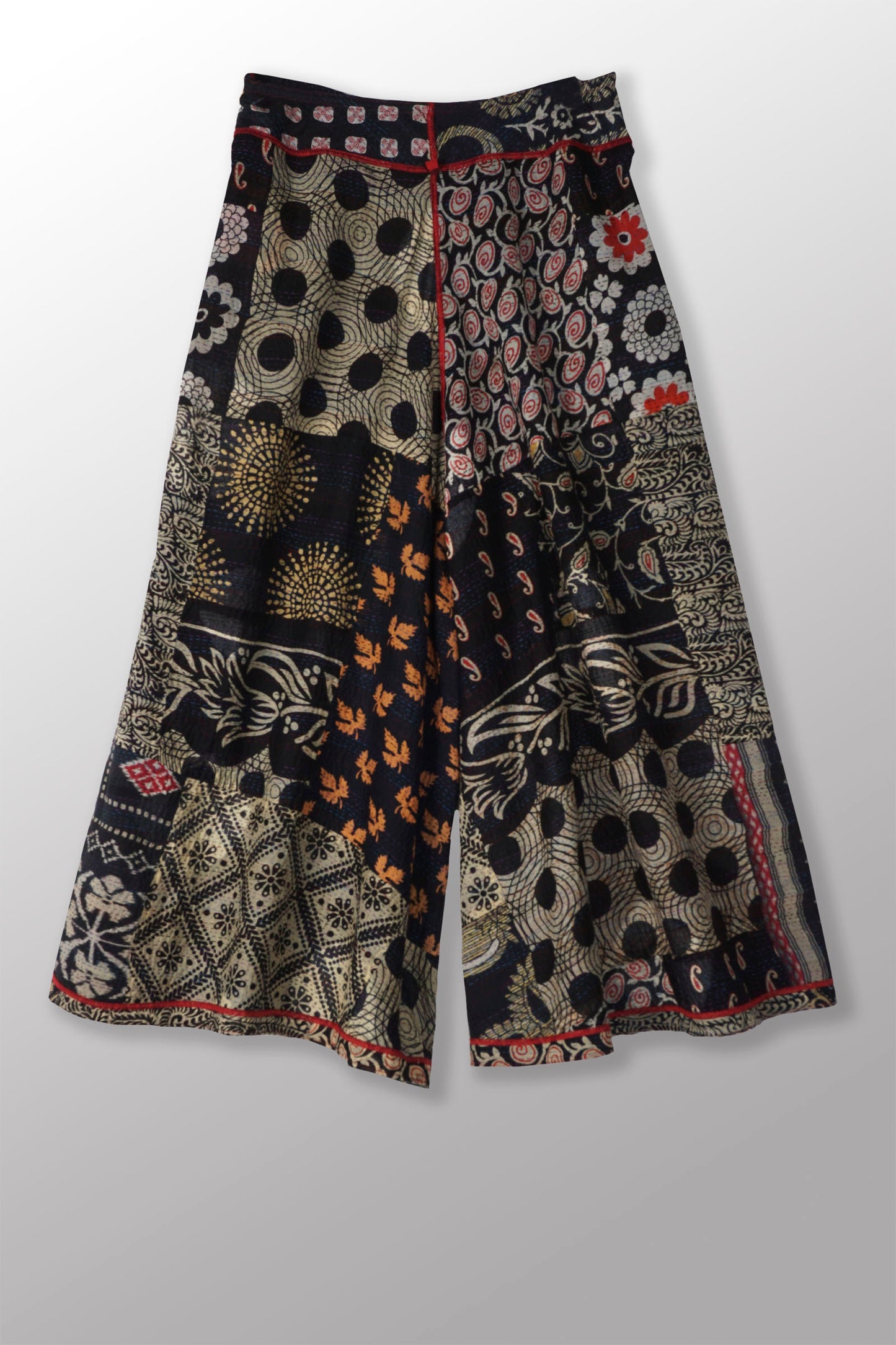 PATCH & CIRCLE PRINT KANTHA WIDE LEG PANTS - pc2623-blk -