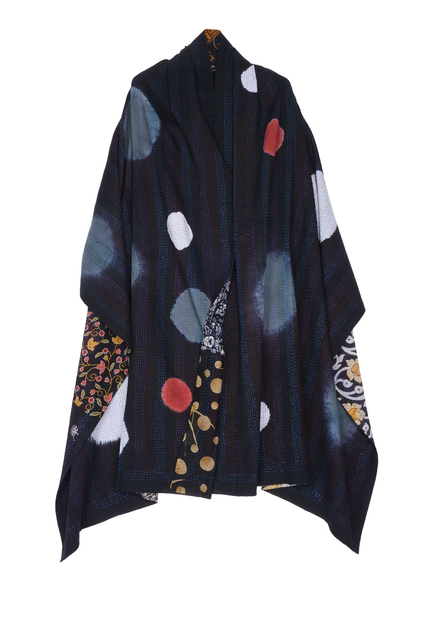 PATCH & CIRCLE PRINT KANTHA SHAWL LARGE - pc2803-blk -