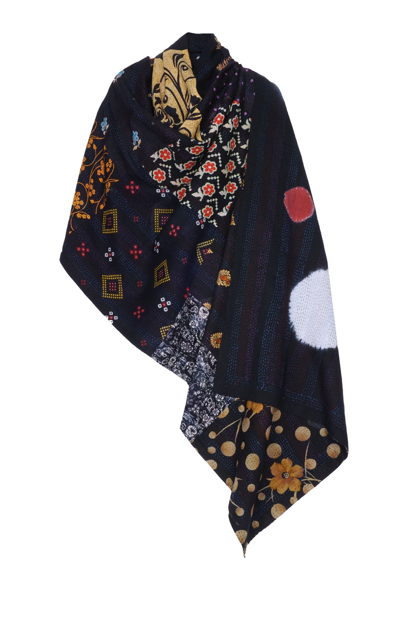 PATCH & CIRCLE PRINT KANTHA SHAWL LARGE - pc2803-blk -