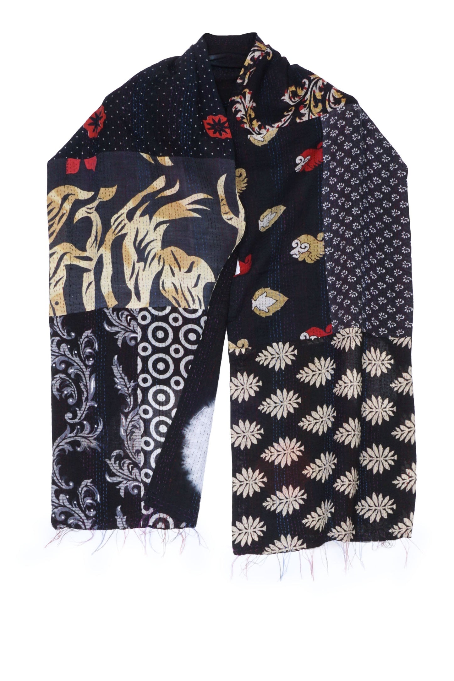 PATCH & CIRCLE PRINT KANTHA SCARF SHORT - pc2805-blk -