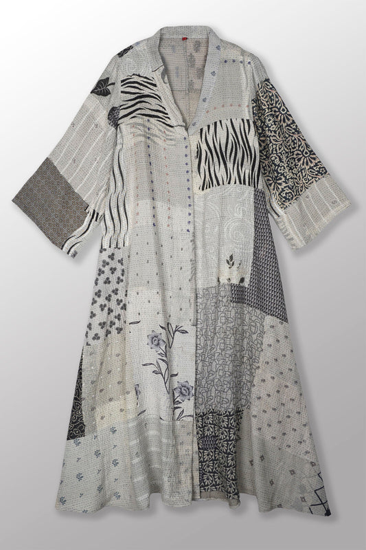 POWDER PATCH KANTHA V-NECK FLARE SLEEVE DRESS - pd2445-gry -