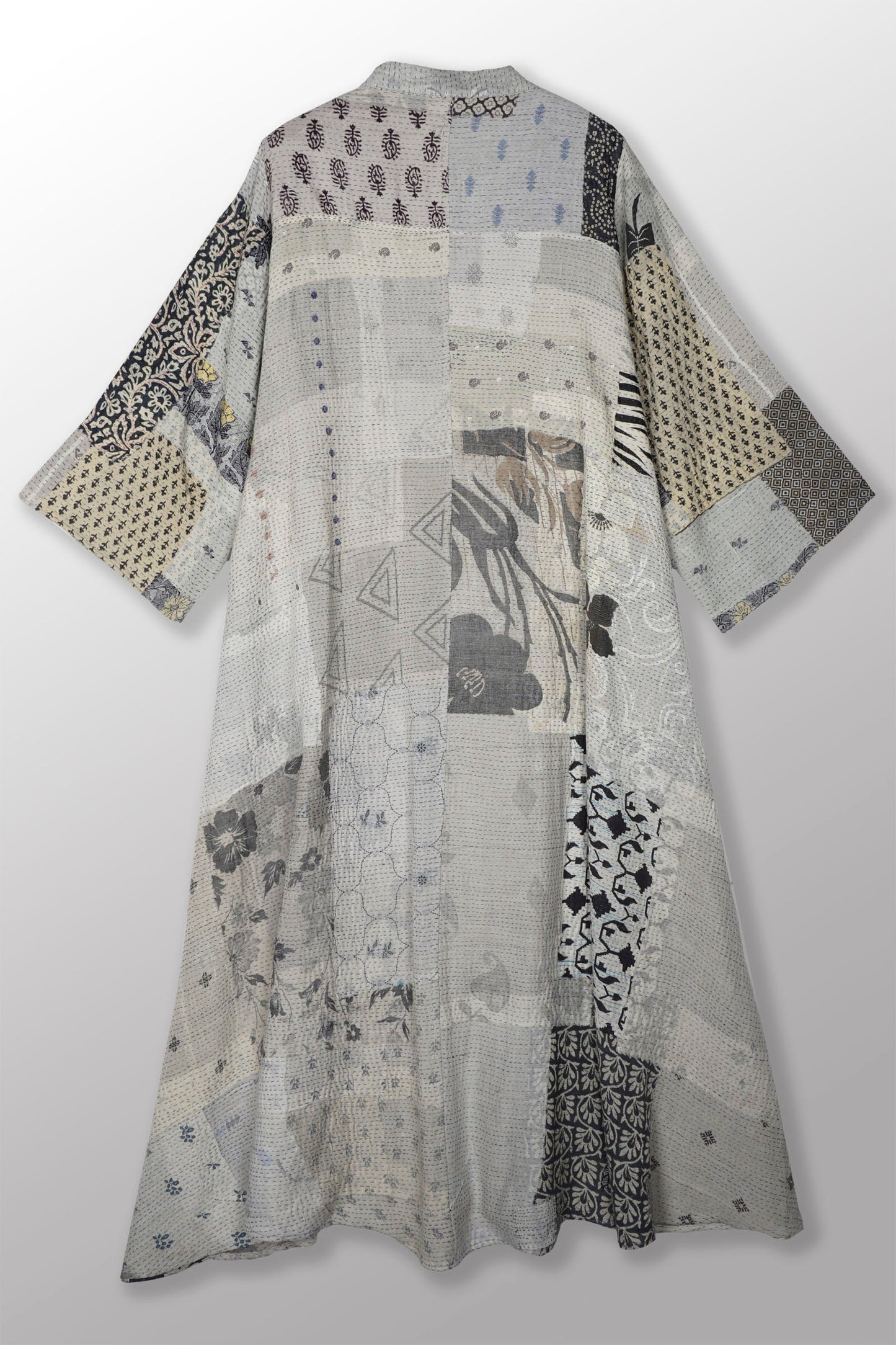 POWDER PATCH KANTHA V-NECK FLARE SLEEVE DRESS - pd2445-gry -