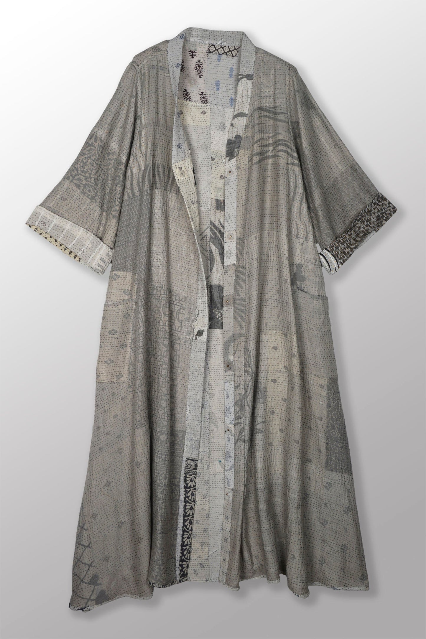 POWDER PATCH KANTHA V-NECK FLARE SLEEVE DRESS - pd2445-gry -