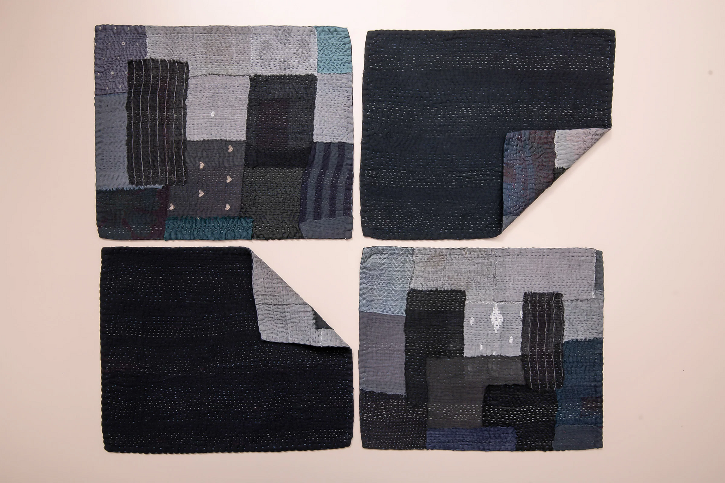 Landscape Fray Patch vintage Kantha Placemat - Black (set of 2)