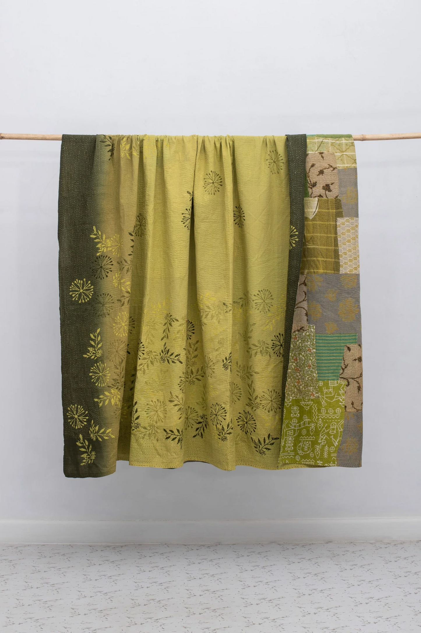 Vintage Fray Patch & Ombre Kantha Table Cover  -Avocado -