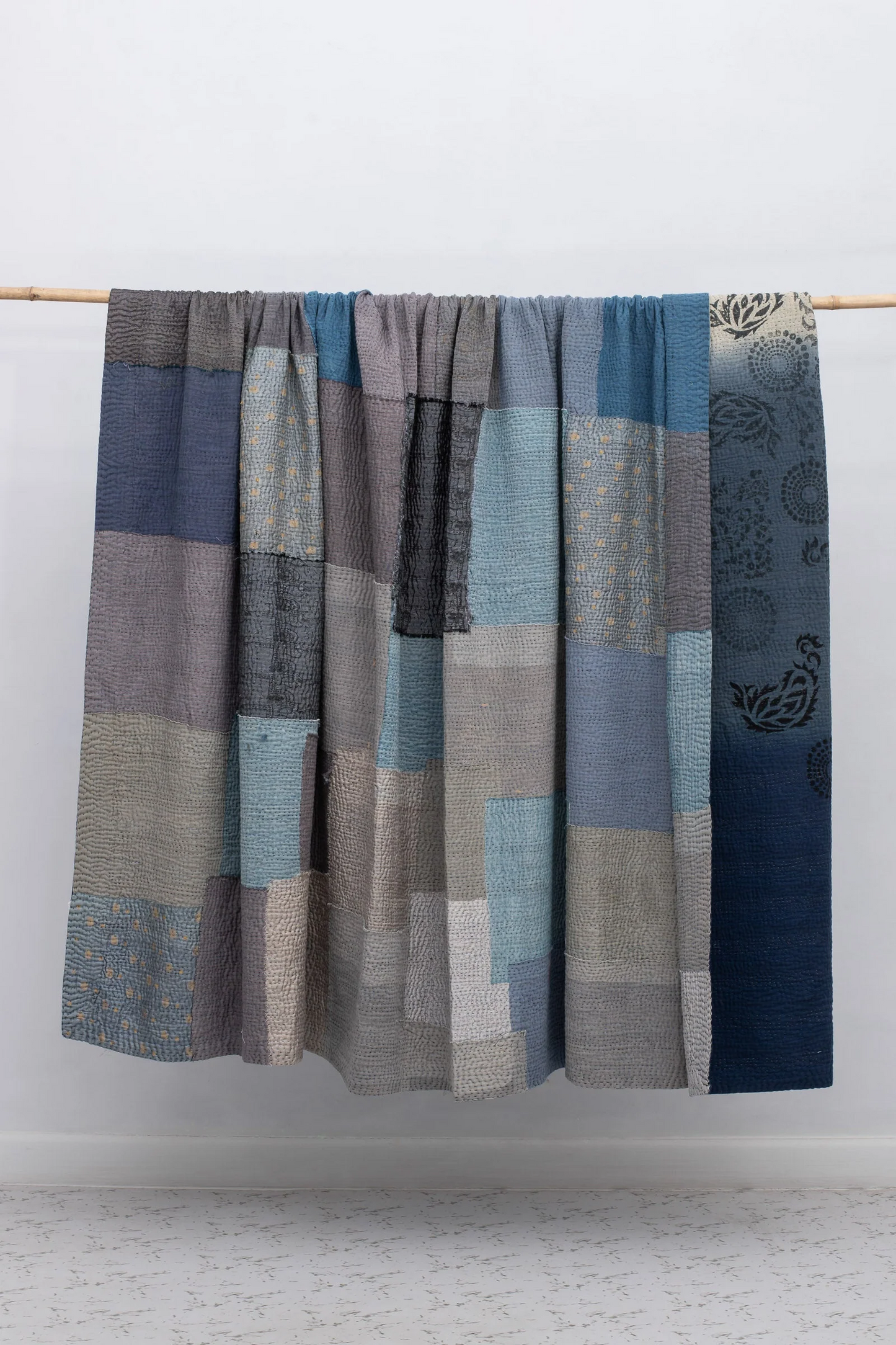 Vintage Fray Patch & Ombre Kantha Bedcover  -Navy -