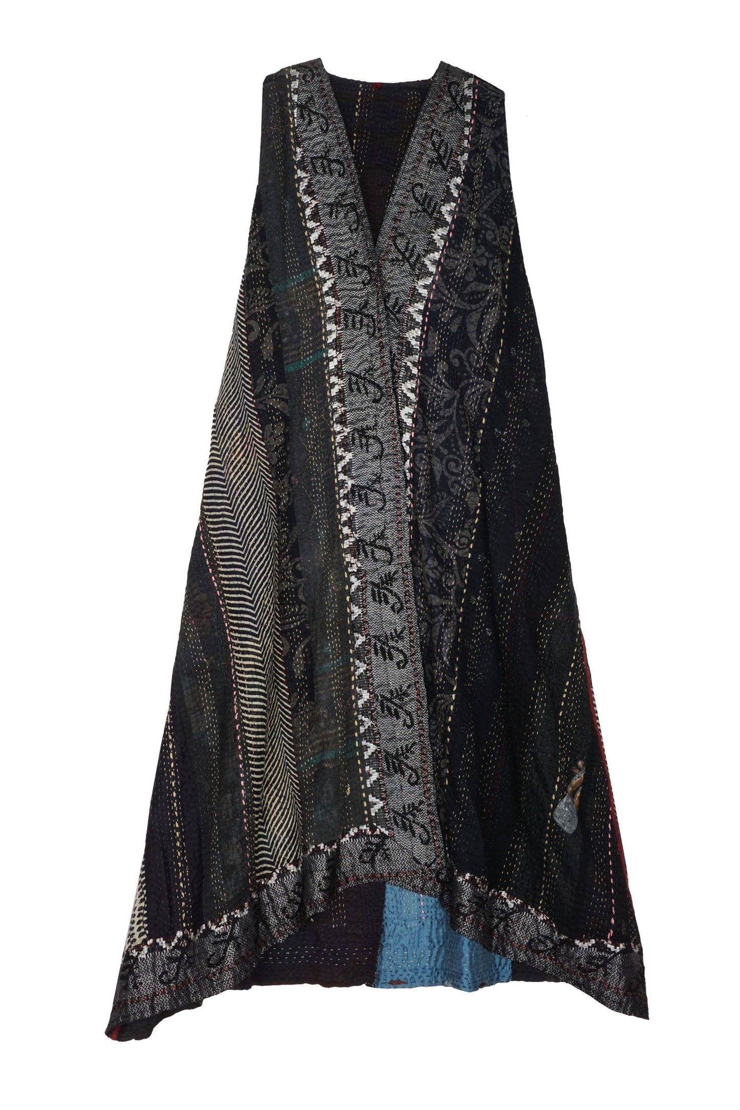 STRIPE RALLIS KANTHA BACK PLEATED VEST MAXI - pr4222-blk -