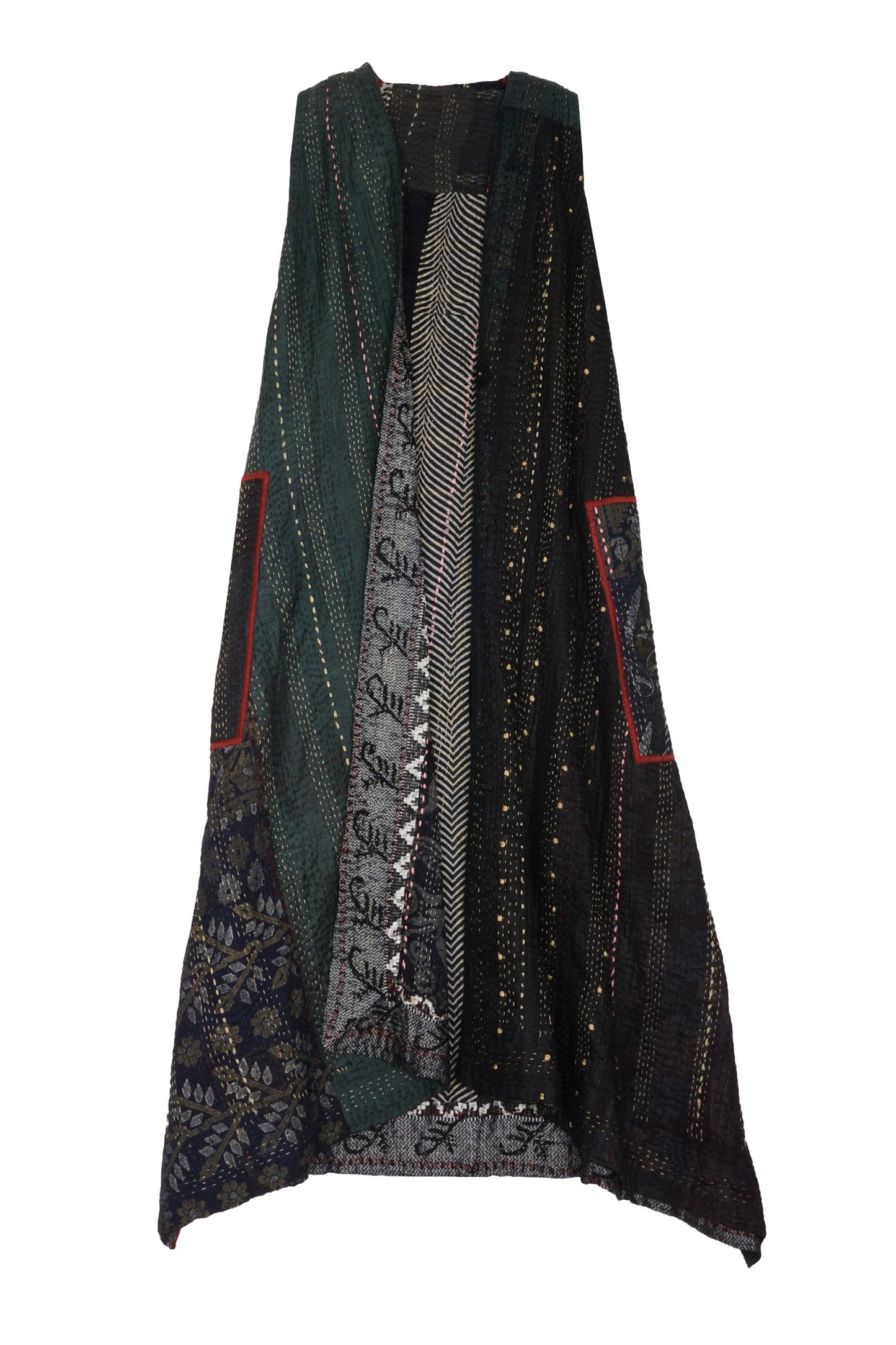 STRIPE RALLIS KANTHA BACK PLEATED VEST MAXI - pr4222-blk -