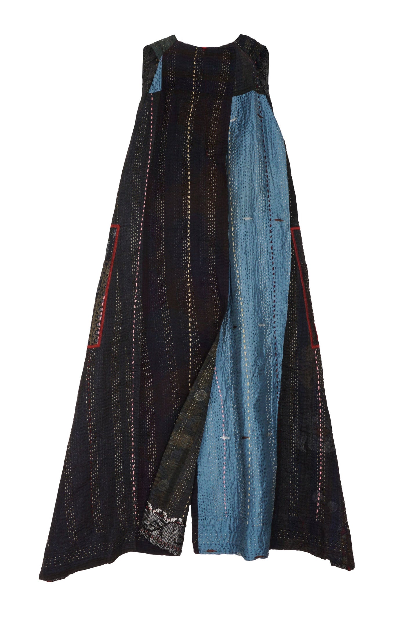 STRIPE RALLIS KANTHA BACK PLEATED VEST MAXI - pr4222-blk -