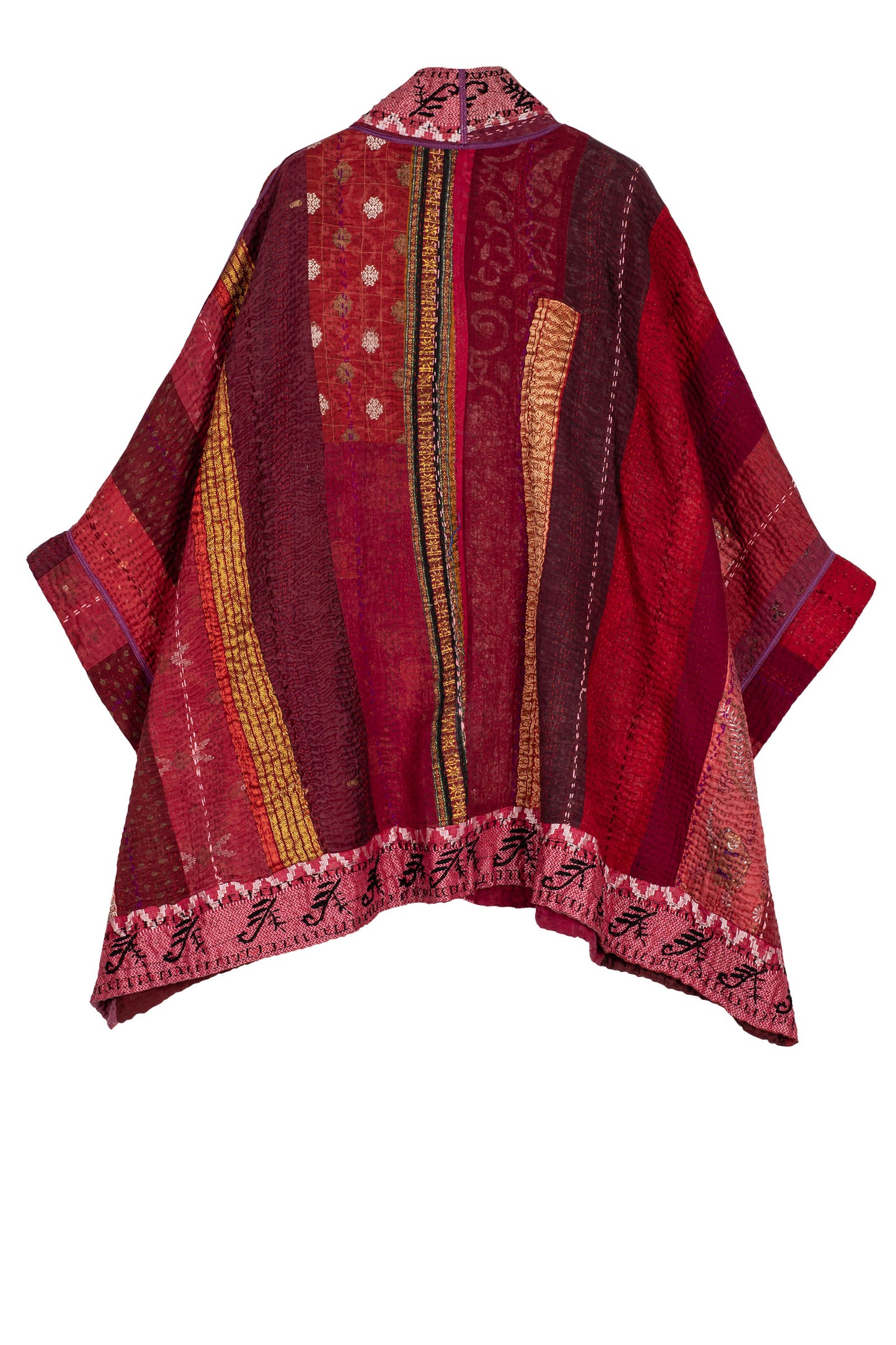 STRIPE RALLIS KANTHA DOUBLE COLLAR PONCHO - pr4323-red -