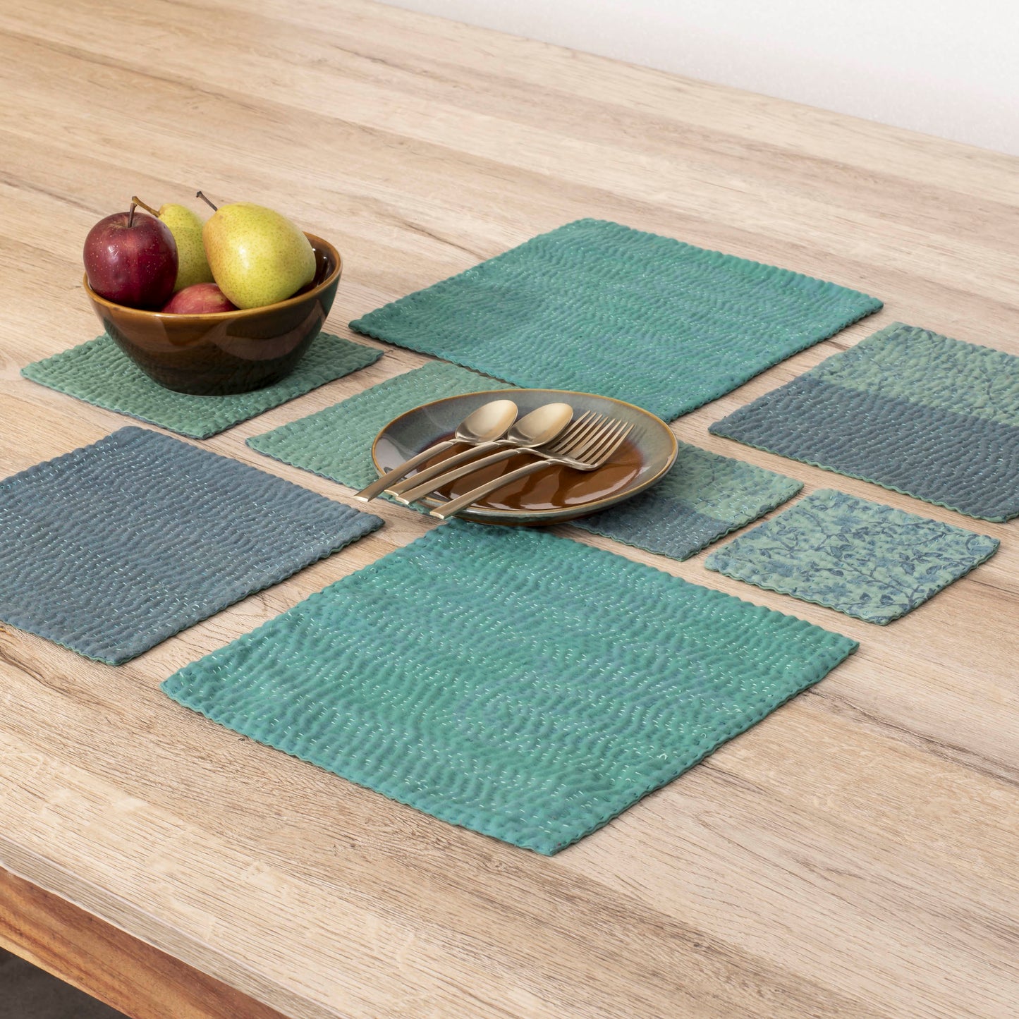 Printed Fray Handmade kantha Coasters - Sage (Set of 2)