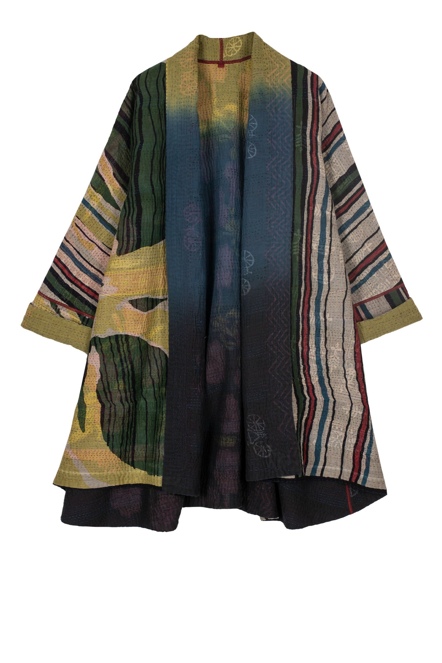 STRIPE AND BENDS KANTHA KIMONO LONG JACKET - sb4005-grn -