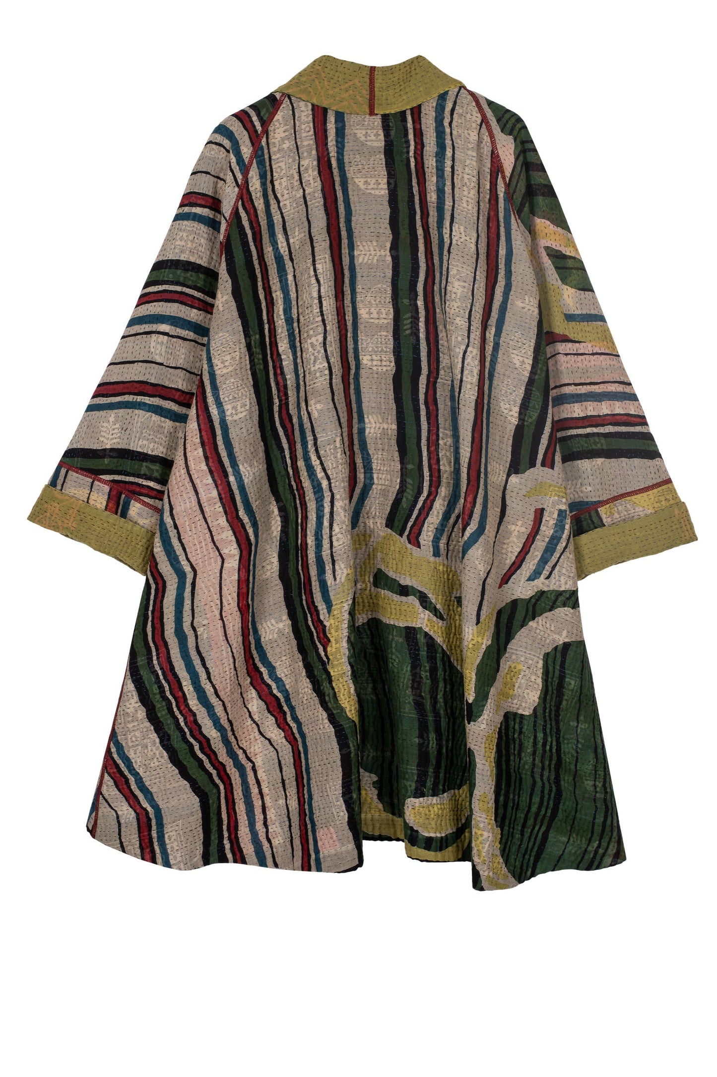 STRIPE AND BENDS KANTHA KIMONO LONG JACKET - sb4005-grn -