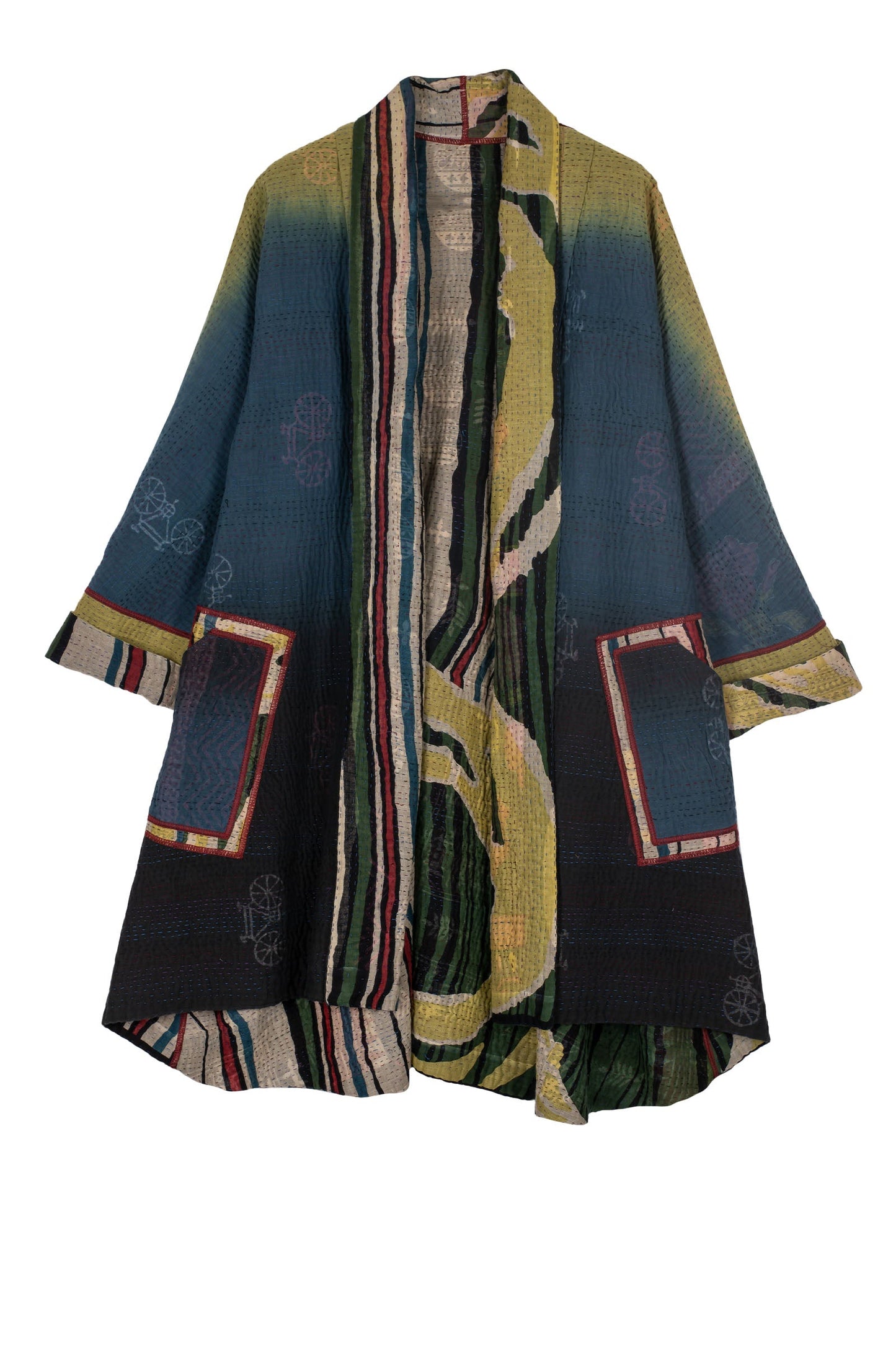 STRIPE AND BENDS KANTHA KIMONO LONG JACKET - sb4005-grn -