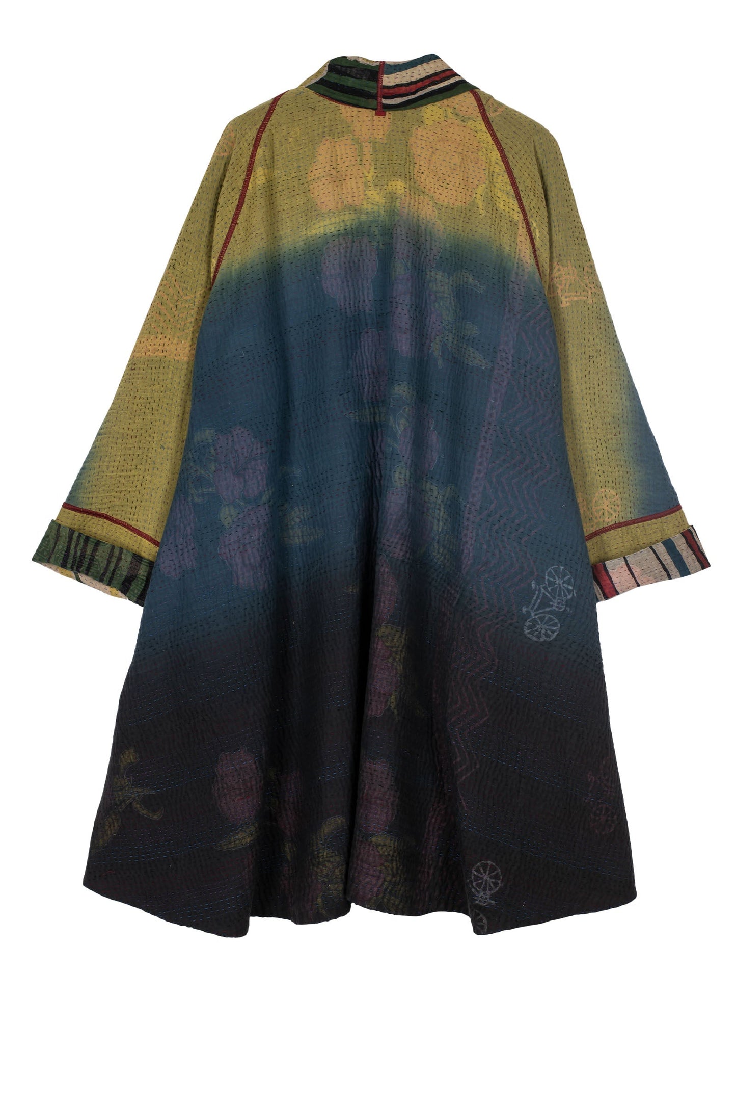 STRIPE AND BENDS KANTHA KIMONO LONG JACKET - sb4005-grn -