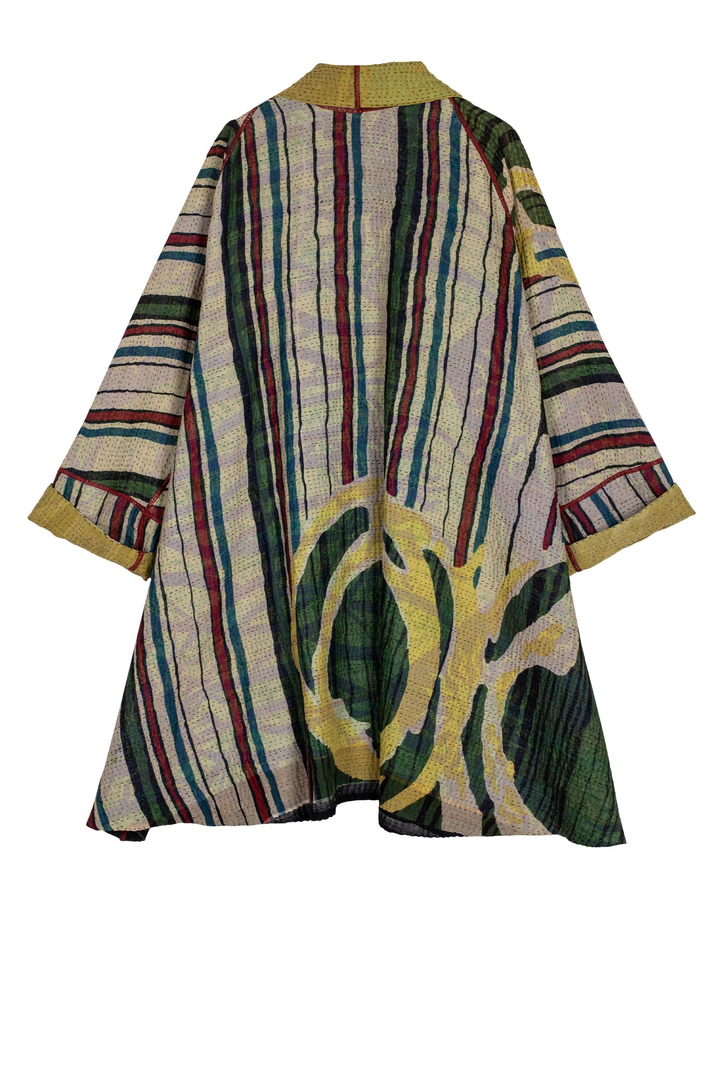 STRIPE AND BENDS KANTHA KIMONO LONG JACKET - sb4005-grn -