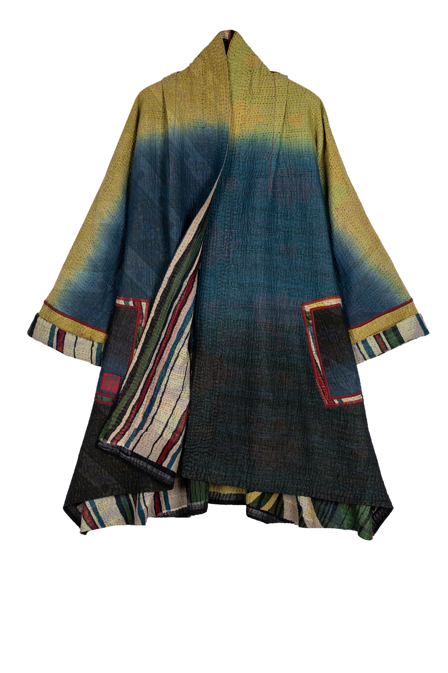 STRIPE AND BENDS KANTHA KIMONO LONG JACKET - sb4005-grn -