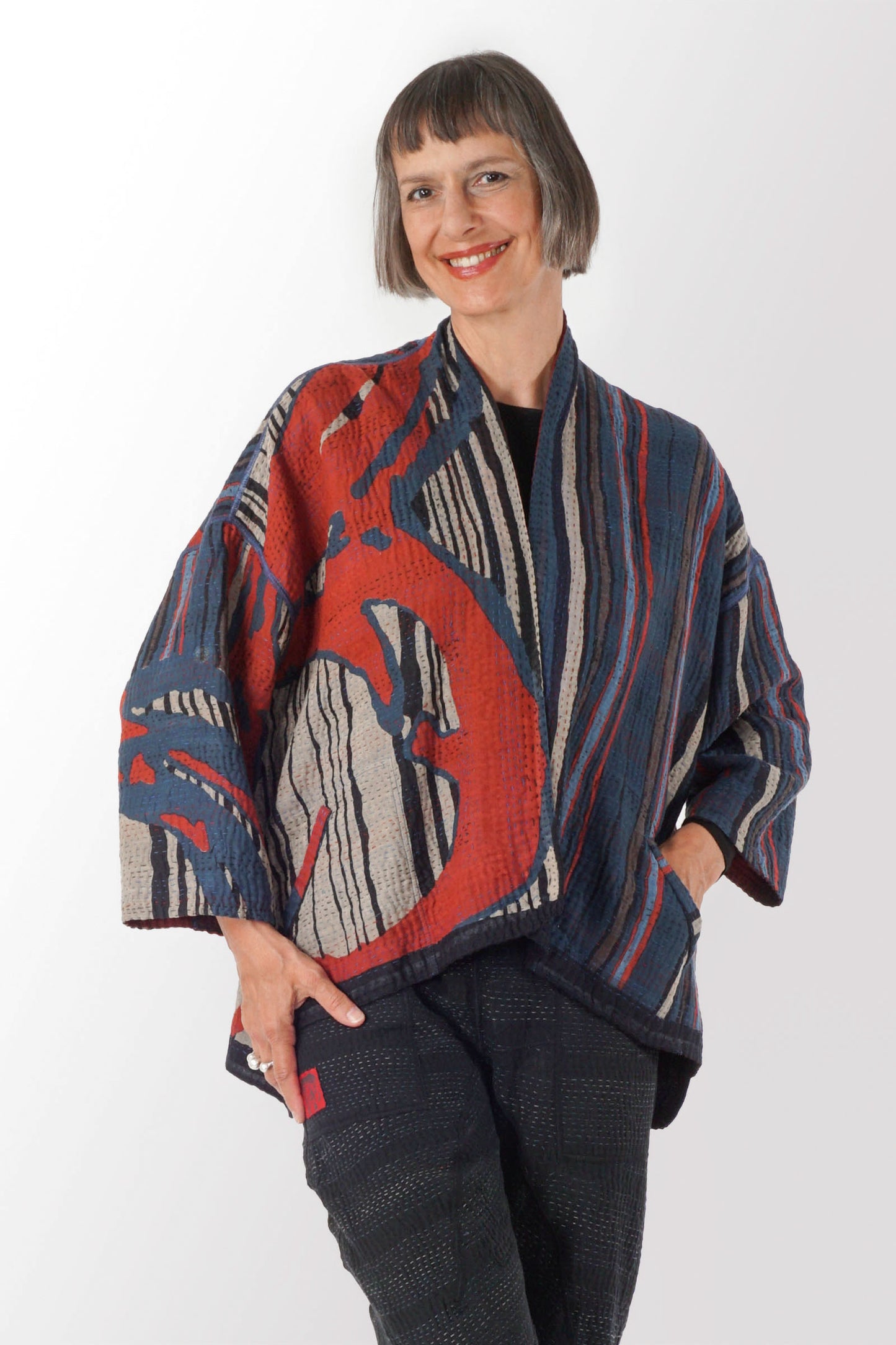 STRIPE AND BENDS KANTHA MINI KIMONO JACKET - sb4055-red -