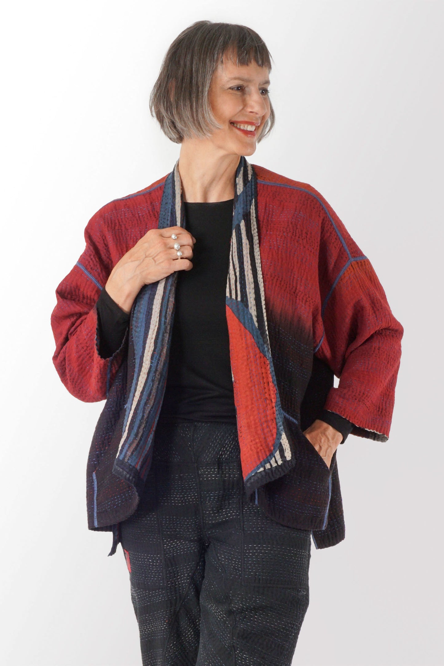 STRIPE AND BENDS KANTHA MINI KIMONO JACKET - sb4055-red -