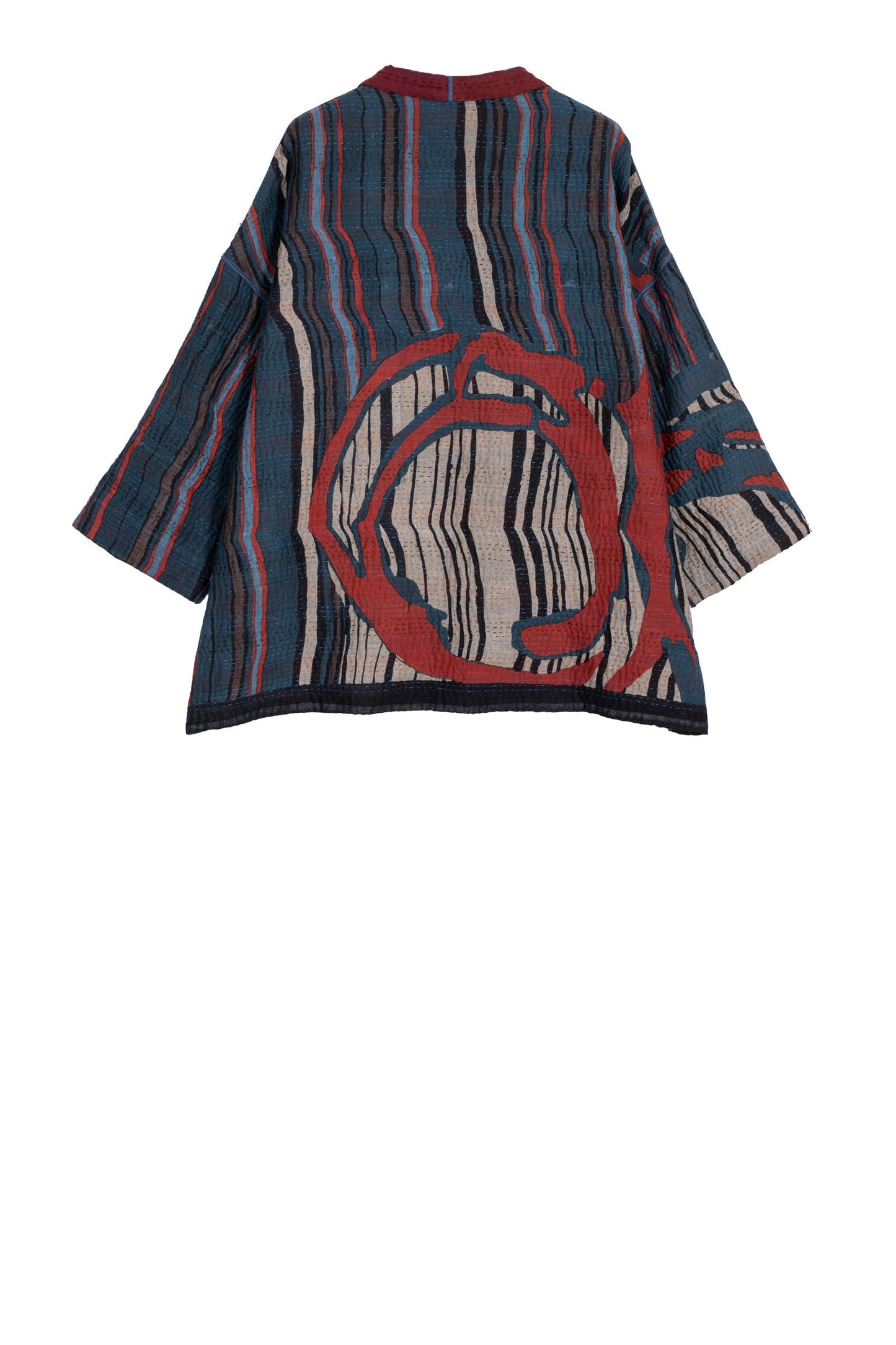 STRIPE AND BENDS KANTHA MINI KIMONO JACKET - sb4055-red -