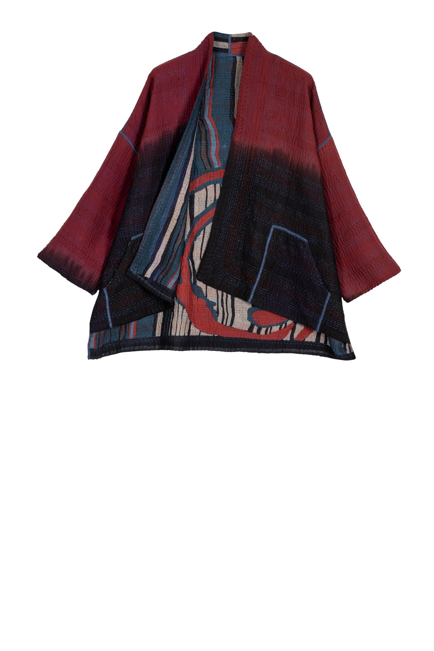 STRIPE AND BENDS KANTHA MINI KIMONO JACKET - sb4055-red -