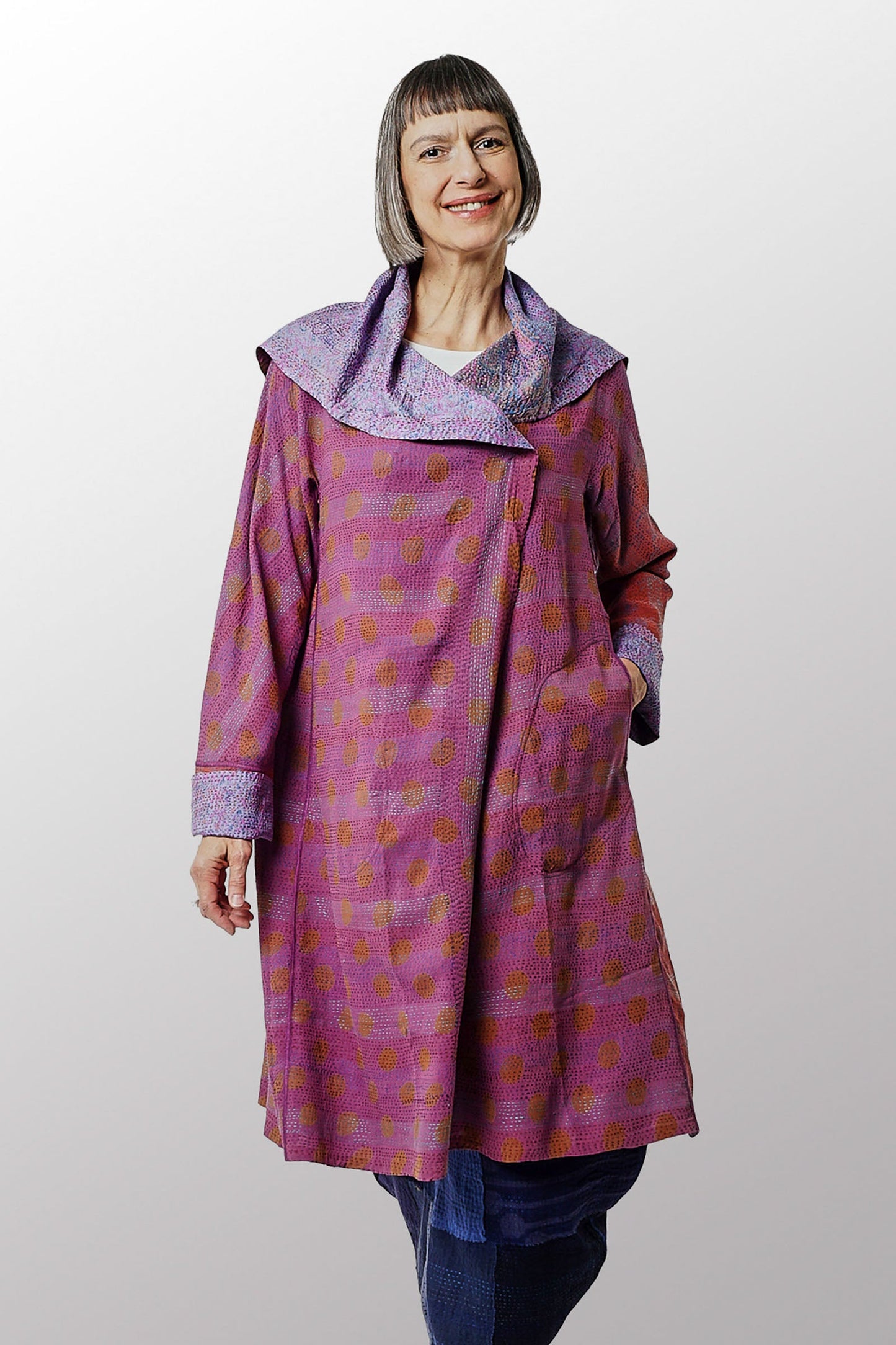 VINTAGE SILK GEORGETTE KANTHA A-LINE COAT - sg2309-0001a -