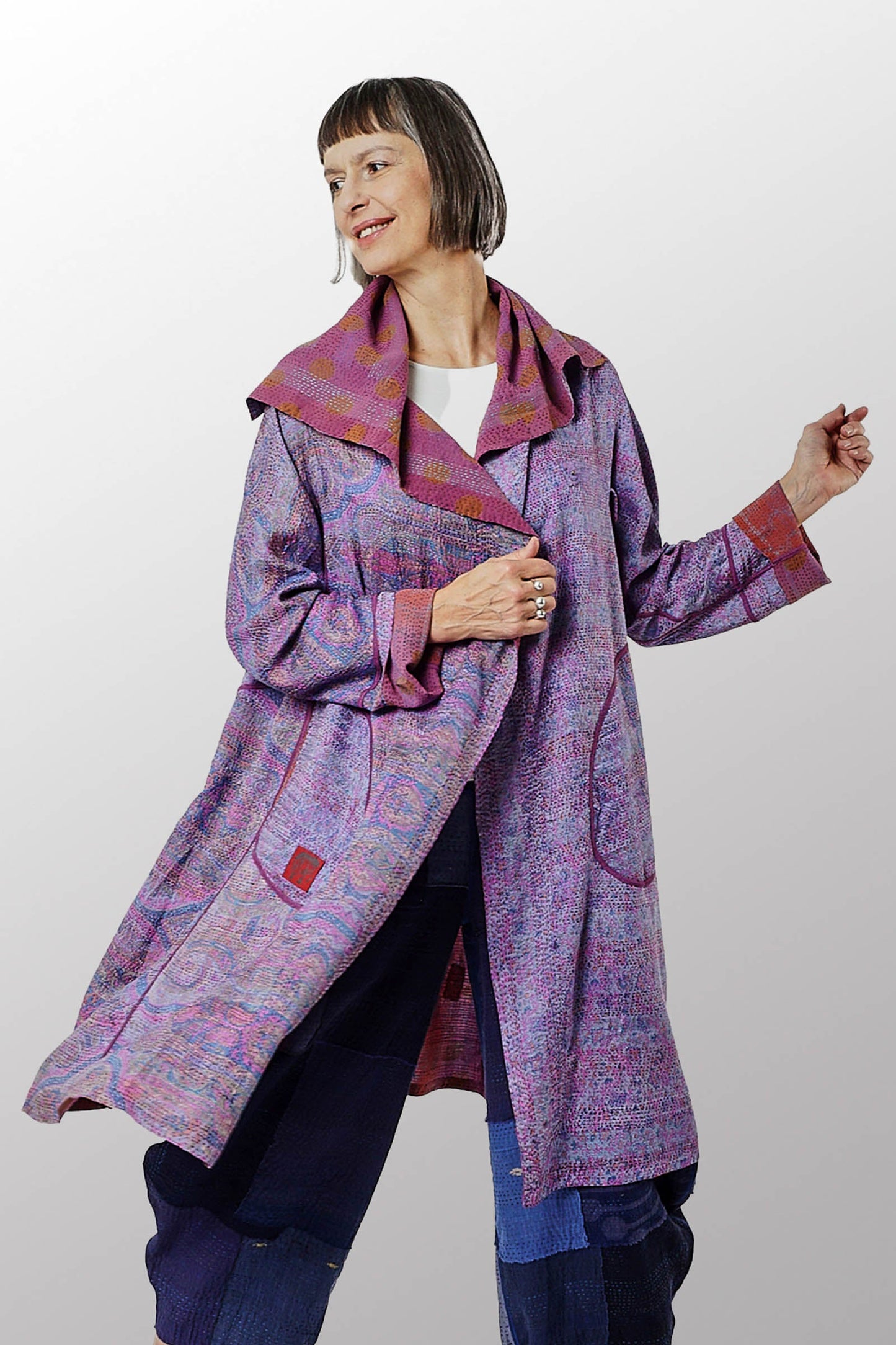 VINTAGE SILK GEORGETTE KANTHA A-LINE COAT - sg2309-0001a -