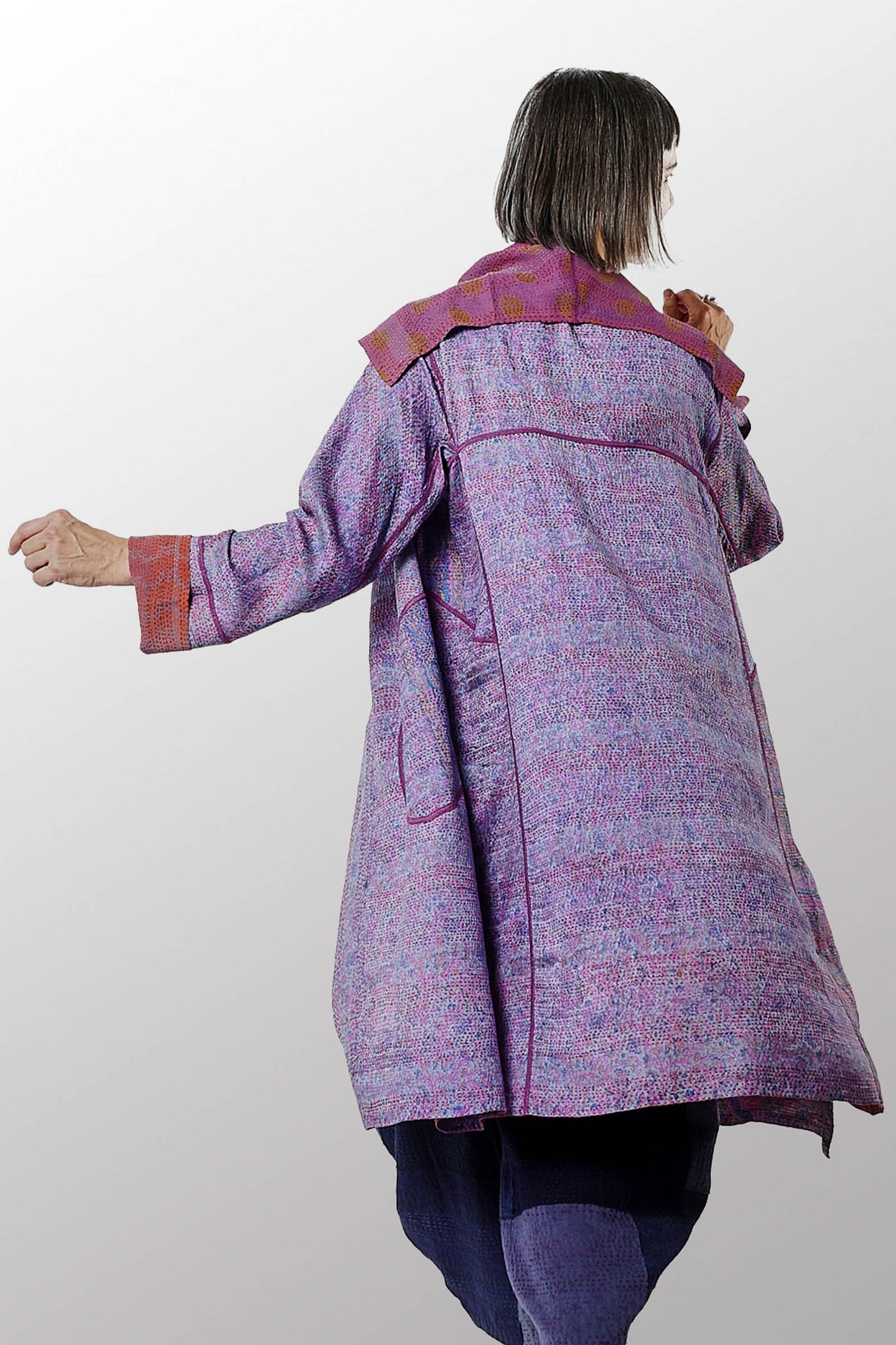 VINTAGE SILK GEORGETTE KANTHA A-LINE COAT - sg2309-0001a -
