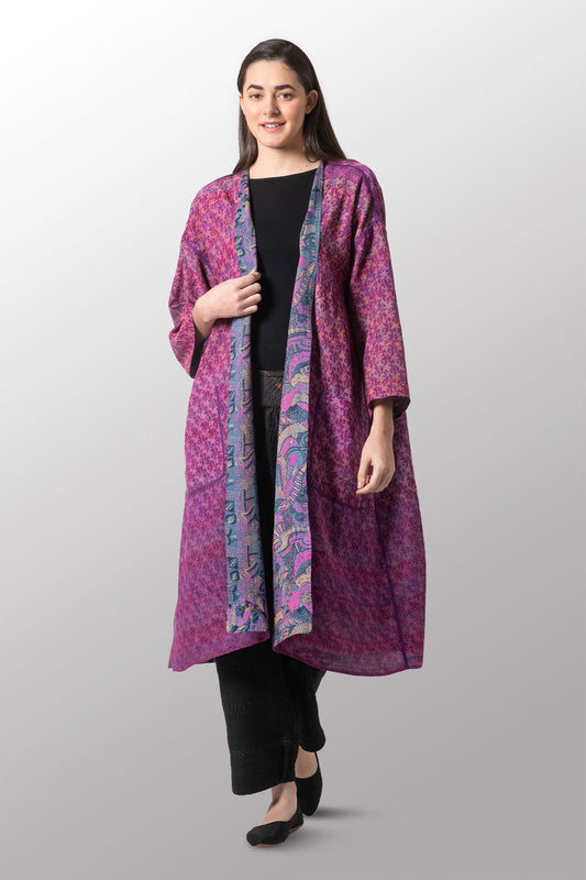 VINTAGE SILK GEORGETTE KANTHA LONG DUSTER - sg2328-0003a -