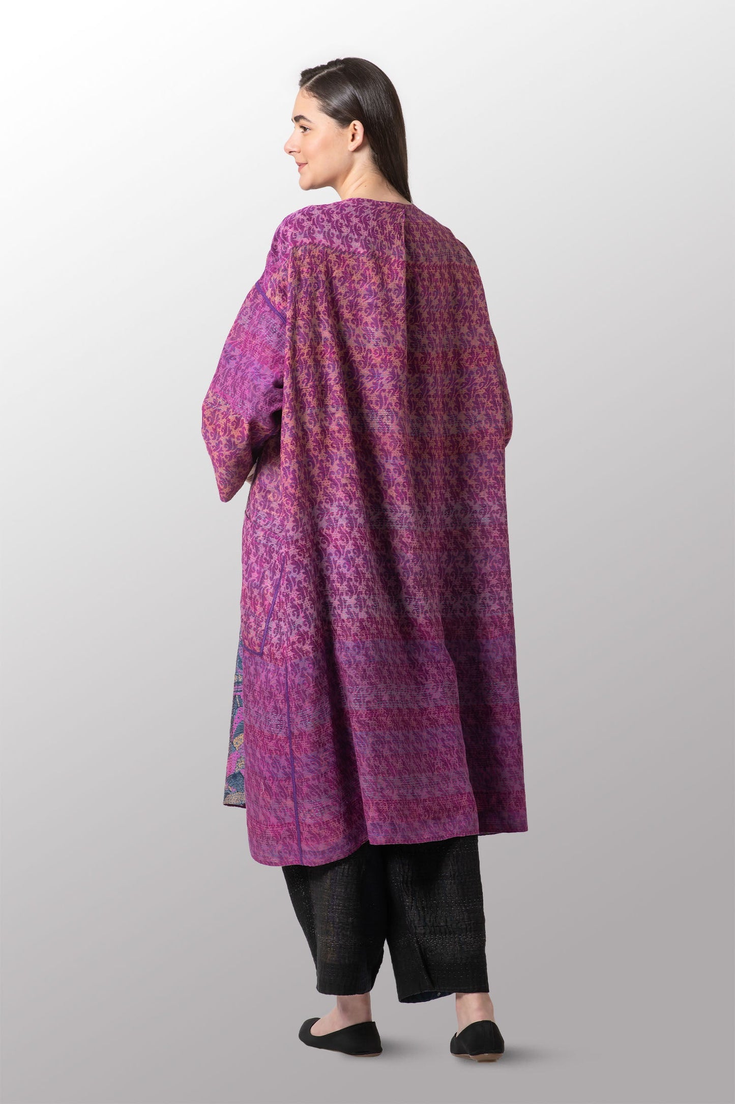 VINTAGE SILK GEORGETTE KANTHA LONG DUSTER - sg2328-0003a -