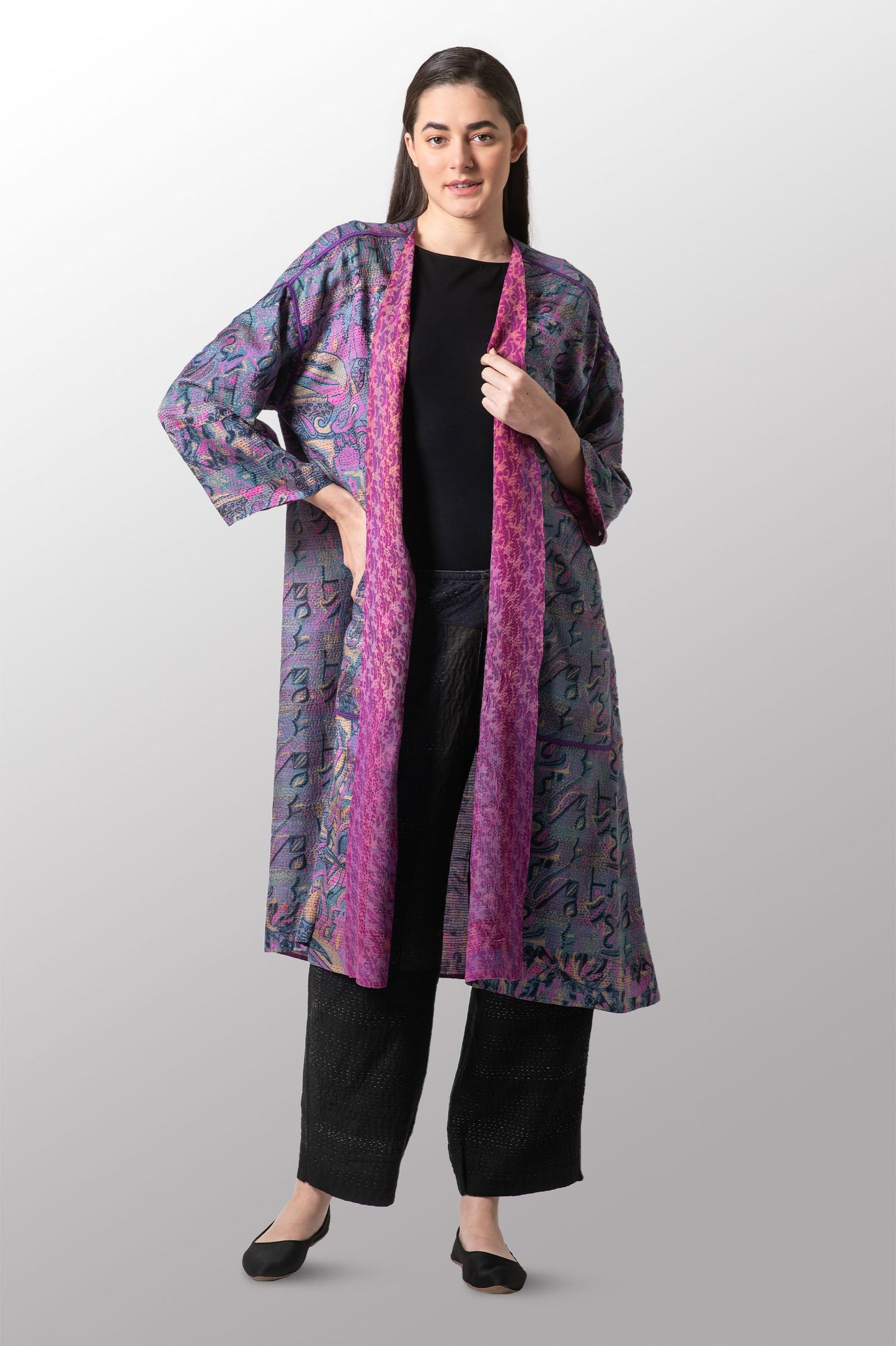 VINTAGE SILK GEORGETTE KANTHA LONG DUSTER - sg2328-0003a -