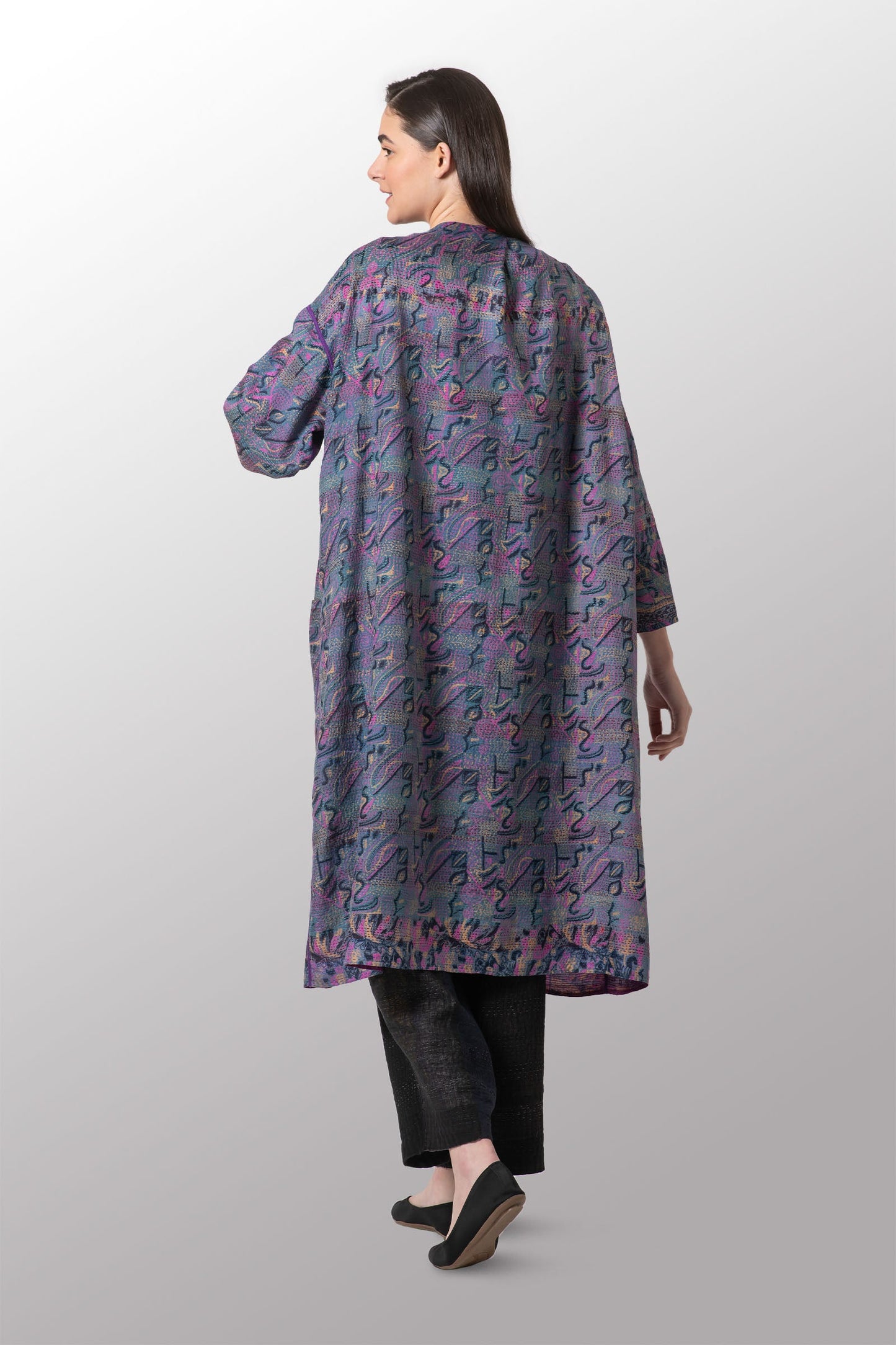 VINTAGE SILK GEORGETTE KANTHA LONG DUSTER - sg2328-0003a -