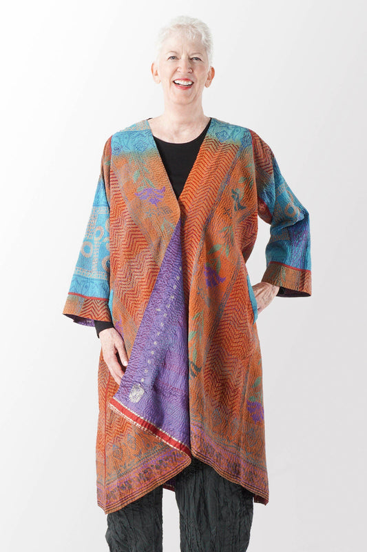 VINTAGE SILK GEORGETTE KANTHA WRAP FLARE COAT - sg2330-0001a -