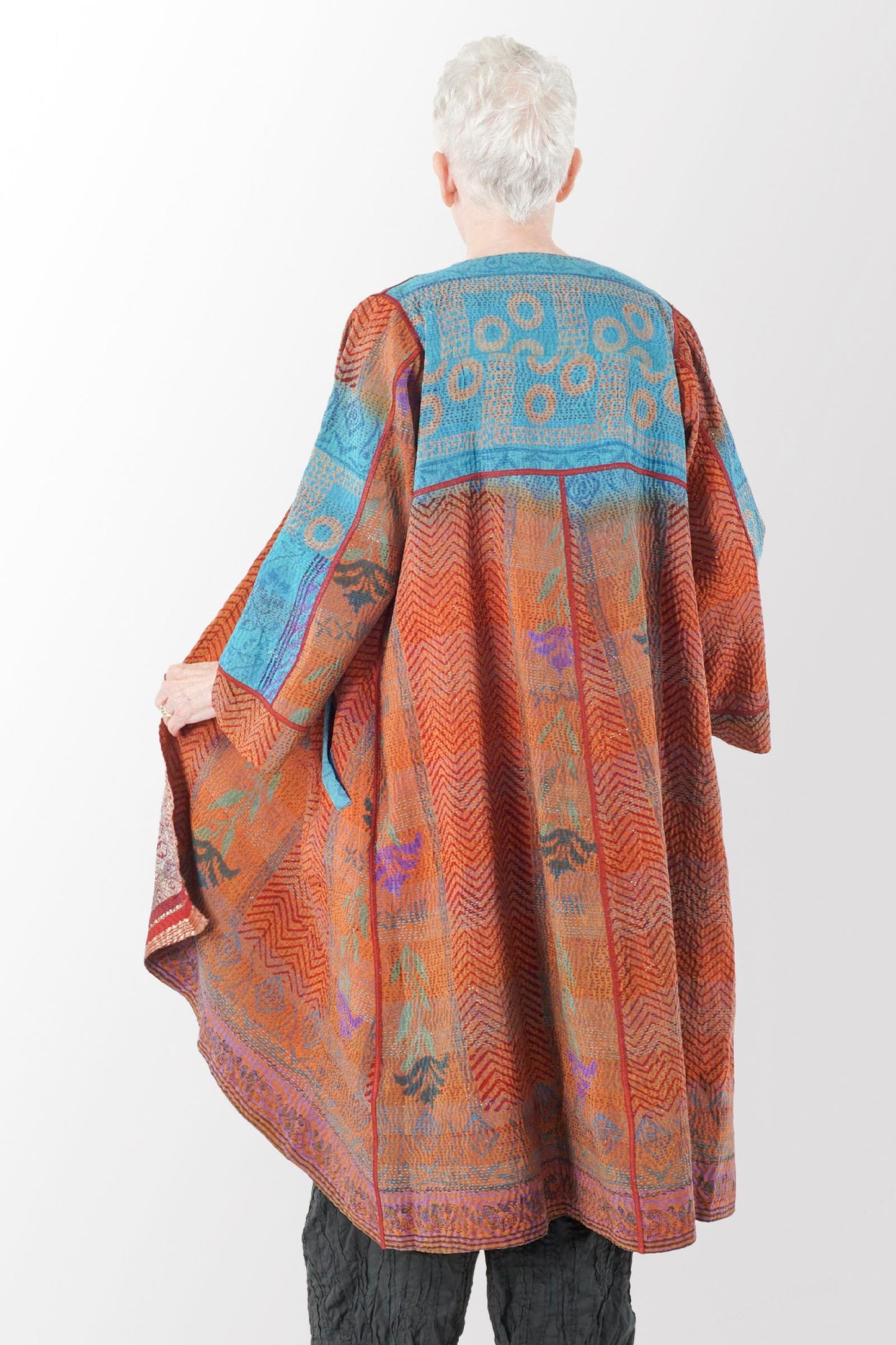 VINTAGE SILK GEORGETTE KANTHA WRAP FLARE COAT - sg2330-0001a -